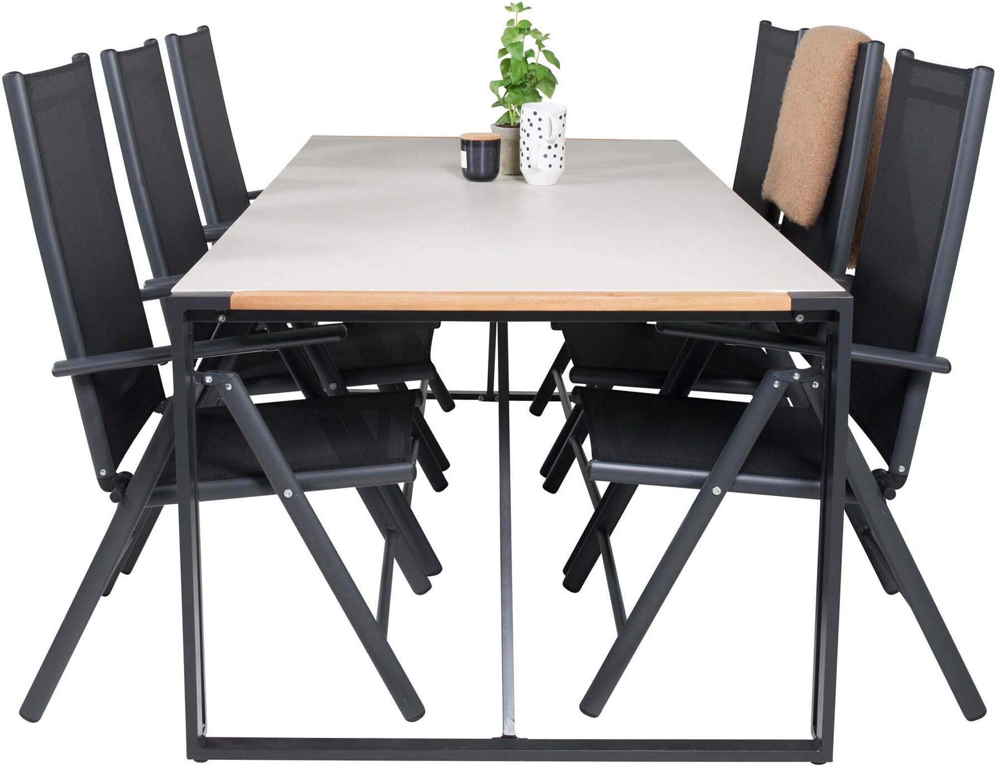 Elegantes Texas Outdoor-Tischset für 6 Personen. Ideal für gesellige Abende im Freien mit klappbaren, bequemen Stühlen.