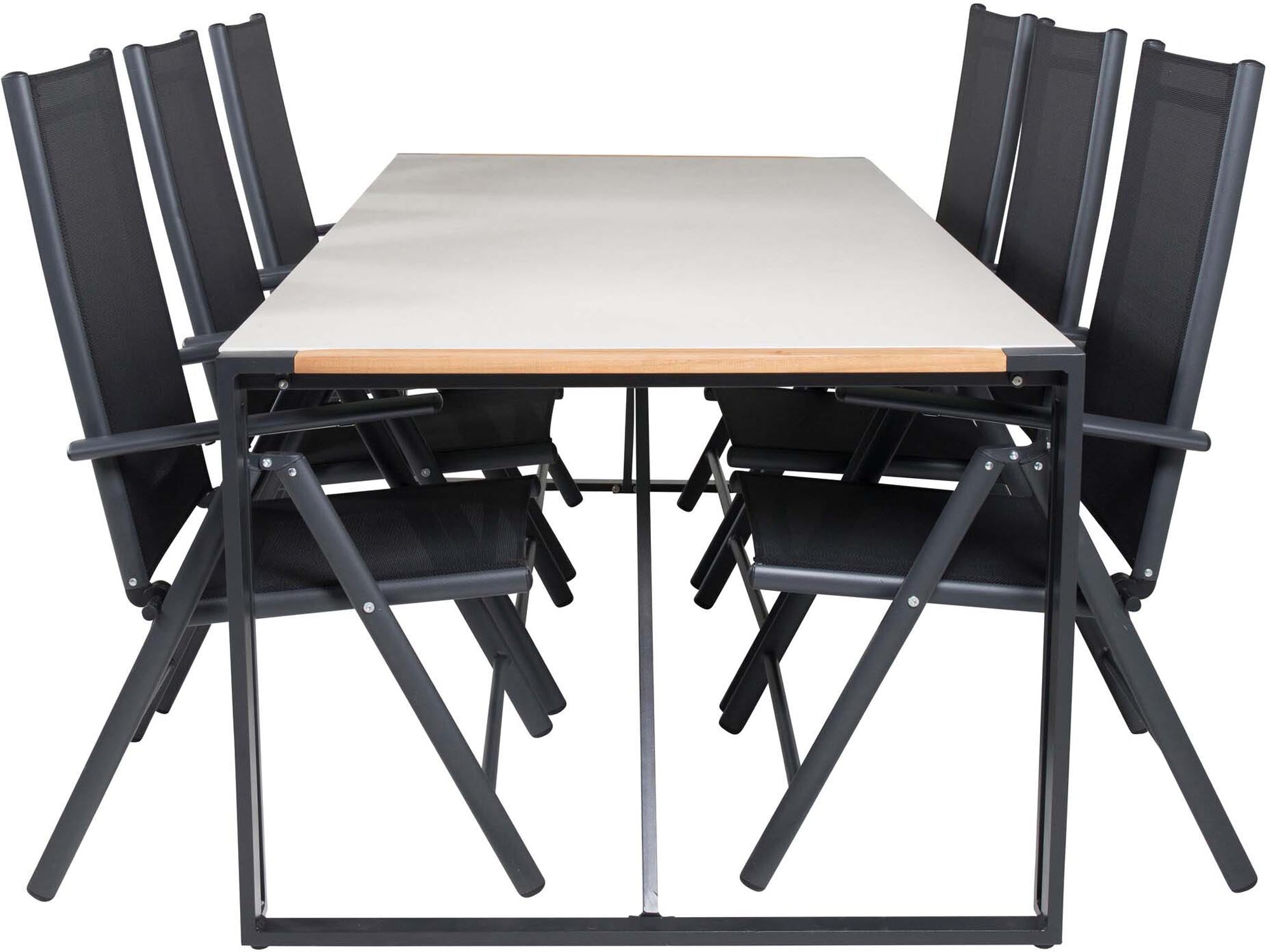 Entdecken Sie das Texas Outdoor-Tischset + Break 200cm/6St. von Venture Home – ideal für gesellige Abende im Garten mit robustem Design und klappbaren Stühlen.