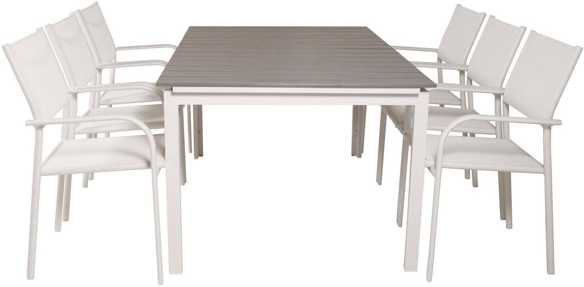 Levels Outdoor-Tischset ausziehbar + Santorini 160cm/6St. in Weiss präsentiert im Onlineshop von KAQTU Design AG. Gartentischset ist von Venture Home