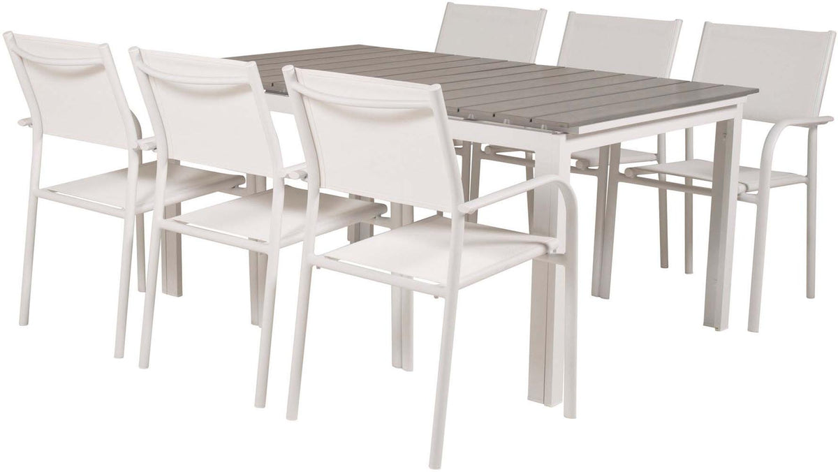 Levels Outdoor-Tischset ausziehbar + Santorini 160cm/6St. in Weiss präsentiert im Onlineshop von KAQTU Design AG. Gartentischset ist von Venture Home