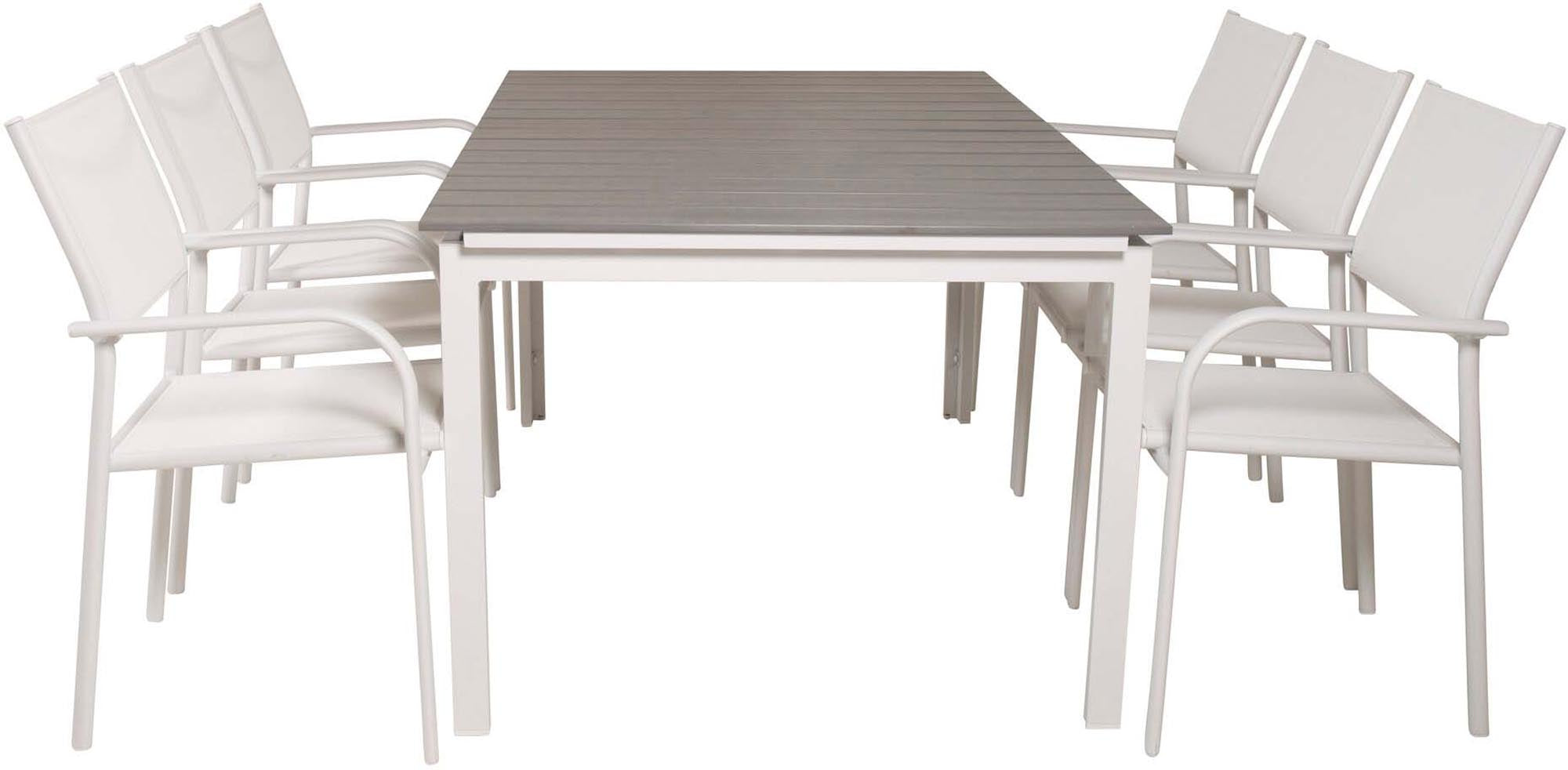 Stilvolles Levels Outdoor-Tischset: Ausziehbarer Tisch, 6 Santorini-Stühle, langlebiges Textilene, ideal für gesellige Runden im Freien.