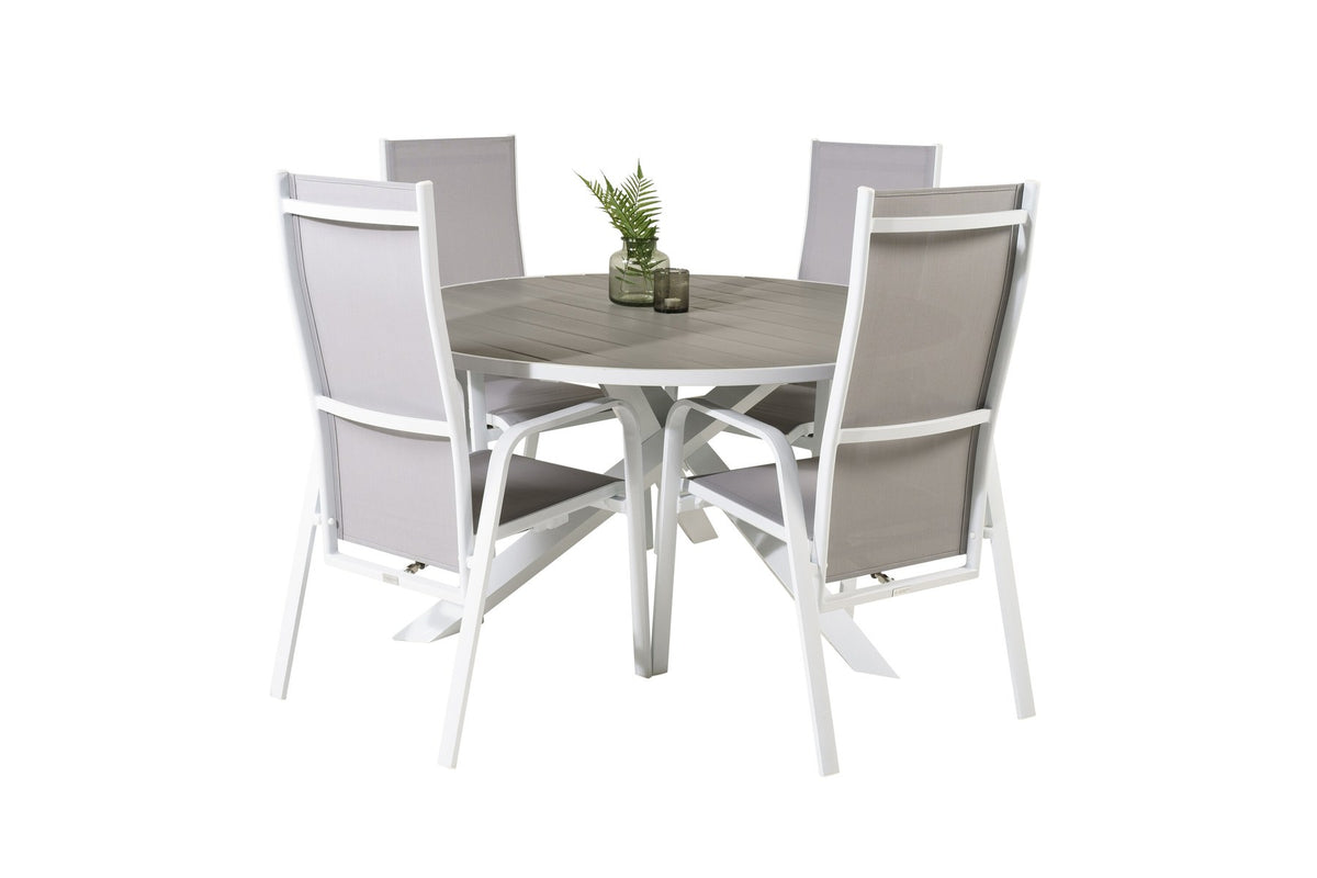 Rundes Gartentischset Parma mit ⌀140cm Tisch aus Aintwood und vier Copacabana Stühlen aus Textilene in Grau Weiss, Outdoor-Möbel von Venture Home