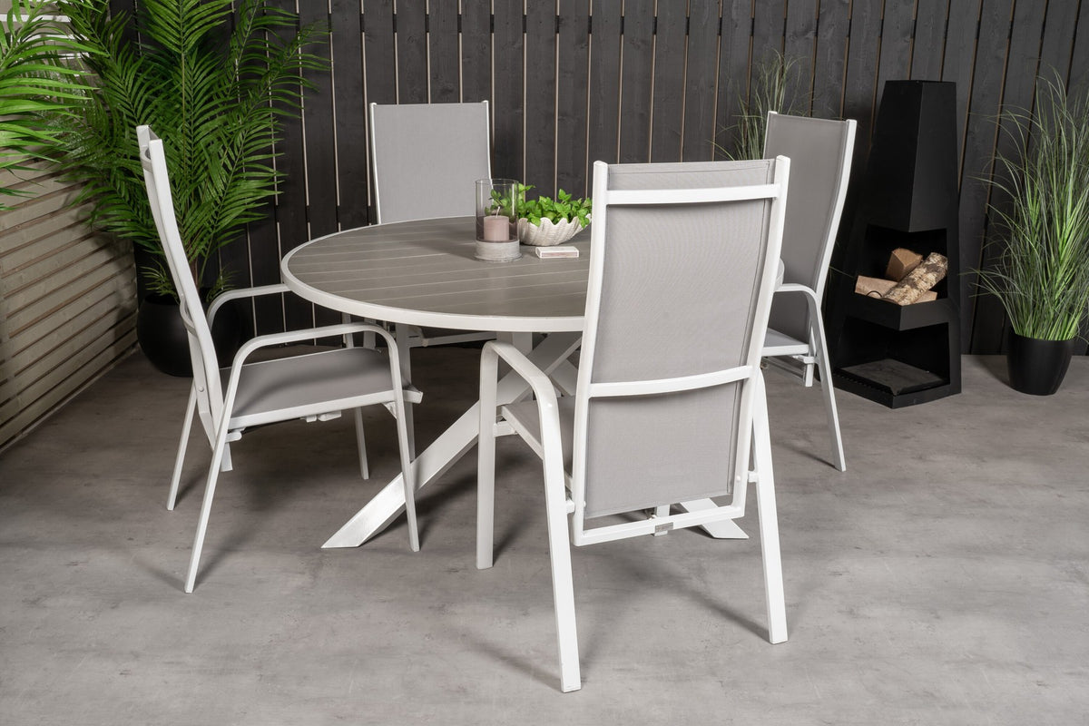 Rundes Gartentischset Parma mit ⌀140cm Tisch aus Aintwood und vier Copacabana Stühlen aus Textilene in Grau Weiss, Outdoor-Möbel von Venture Home