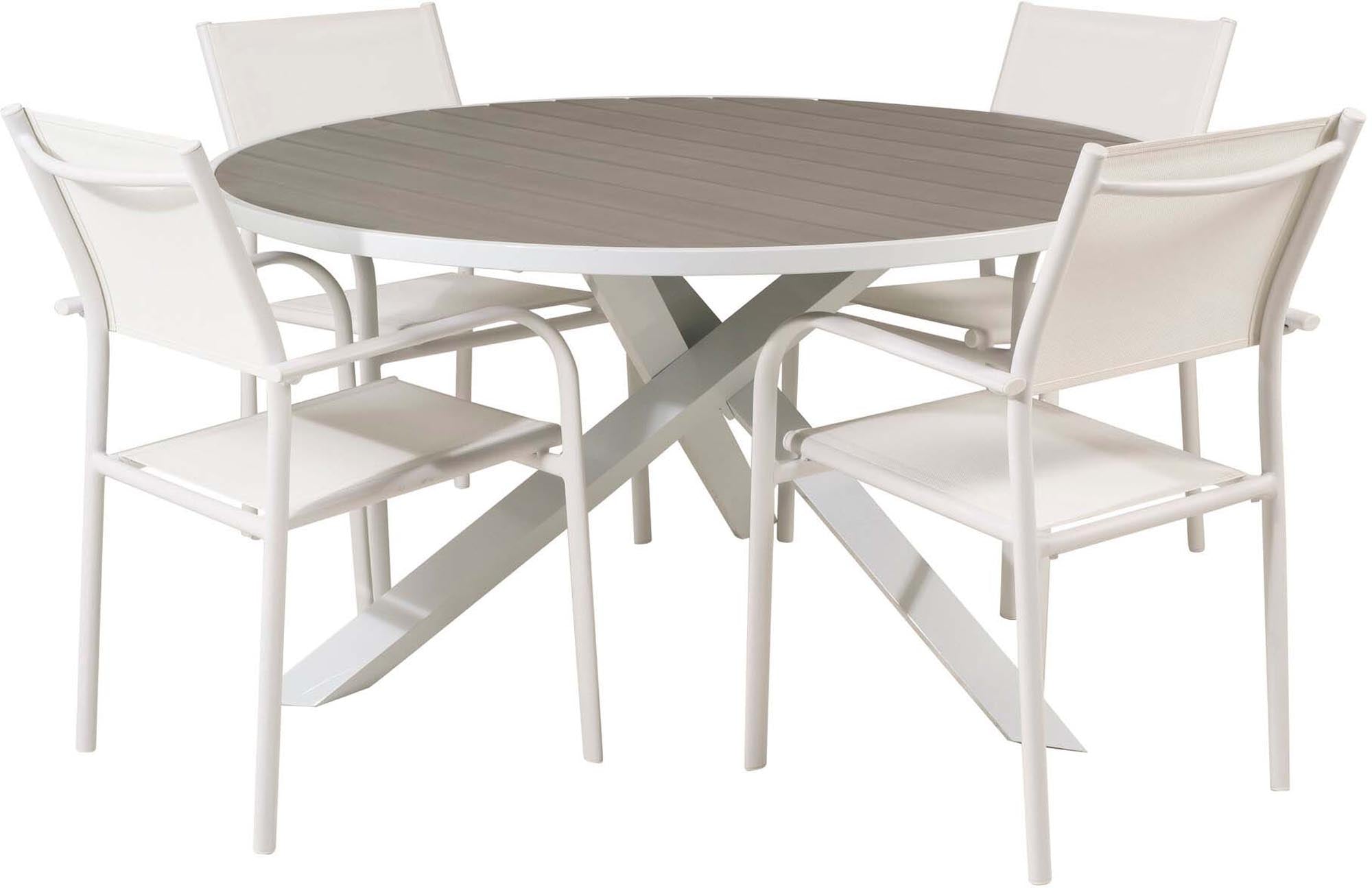 Stilvolles Parma Outdoor-Tischset: 140cm Tisch & 4 Santorini-Stühle, wetterfest & pflegeleicht, ideal für Balkon & Terrasse.