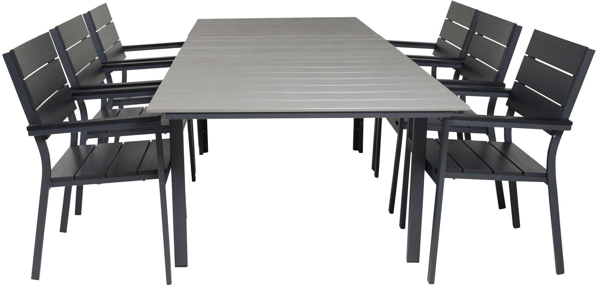 Elegantes, ausziehbares Gartentischset von Venture Home: 160 cm Tisch, 6 ergonomische Stühle aus robustem Aintwood für stilvolle Outdoor-Momente.