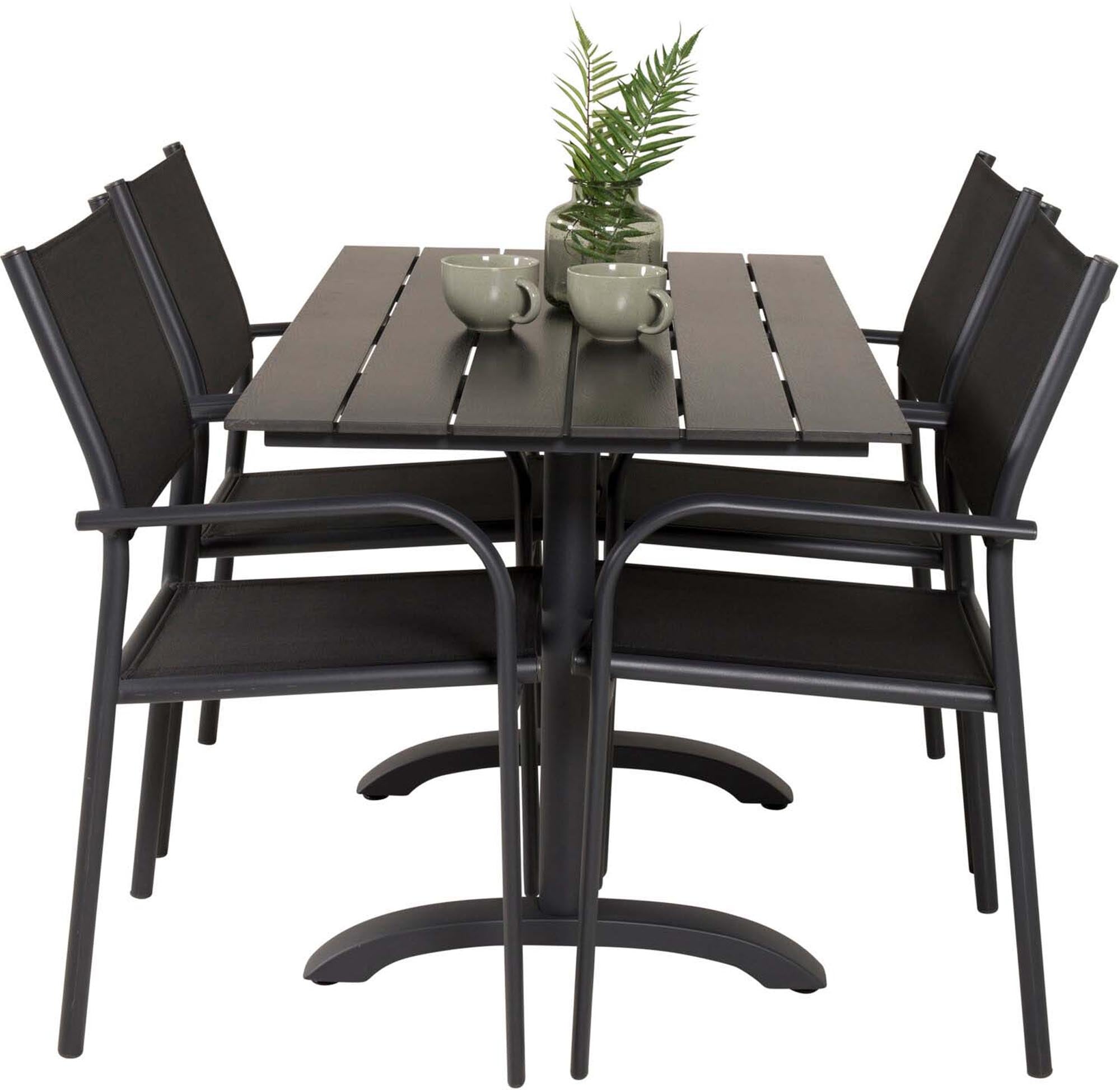 Stylisches Denver Outdoor-Tischset mit Santorini-Stühlen für gemütliche Stunden im Freien. Ideal für kleine Terrassen und Gärten.