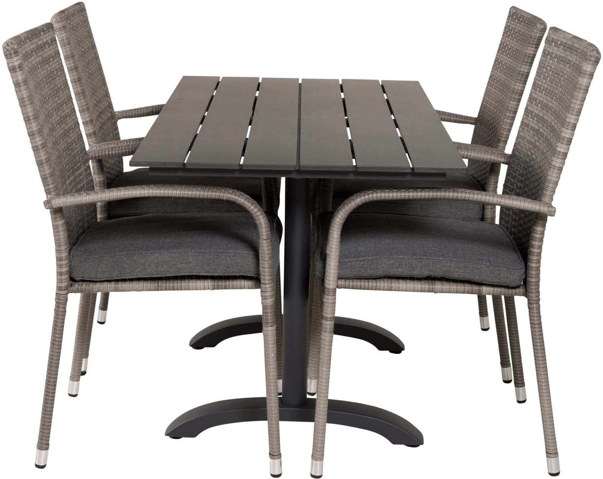 Elegantes Denver Outdoor-Tischset mit robustem Aluminiumtisch und bequemen Kunstrattan-Stühlen. Perfekt für gesellige Momente im Freien.