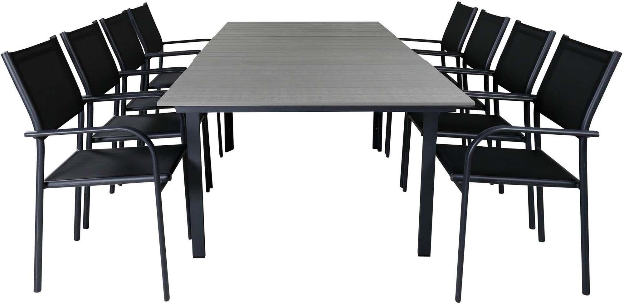 Elegantes, ausziehbares Gartentischset für 8 Personen, wetterfest, mit komfortablen Santorini-Stühlen.