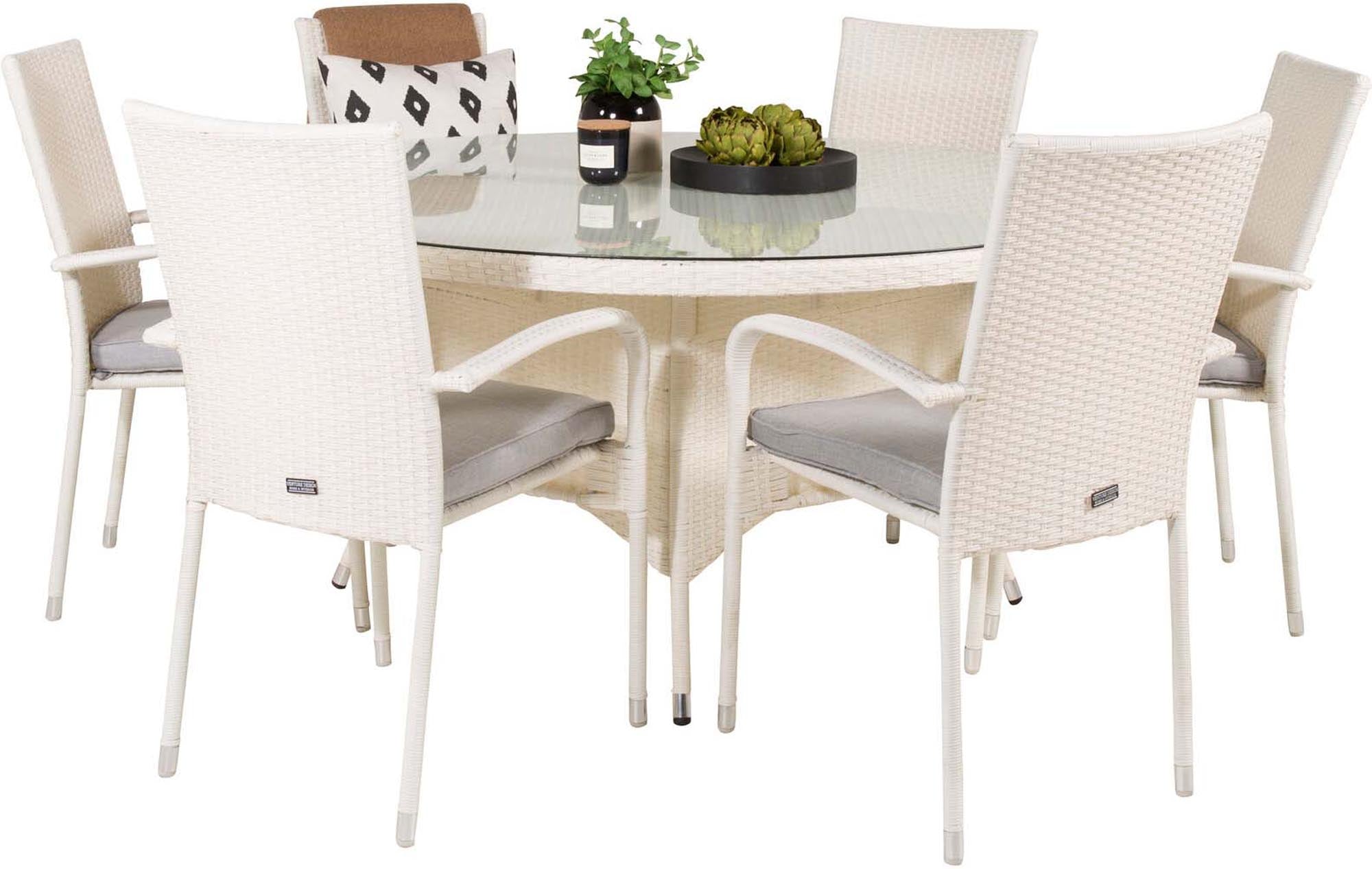 Volta Outdoor-Tischset + Anna ⌀150cm/6St. in Grau weiss präsentiert im Onlineshop von KAQTU Design AG. Gartentischset ist von Venture Home