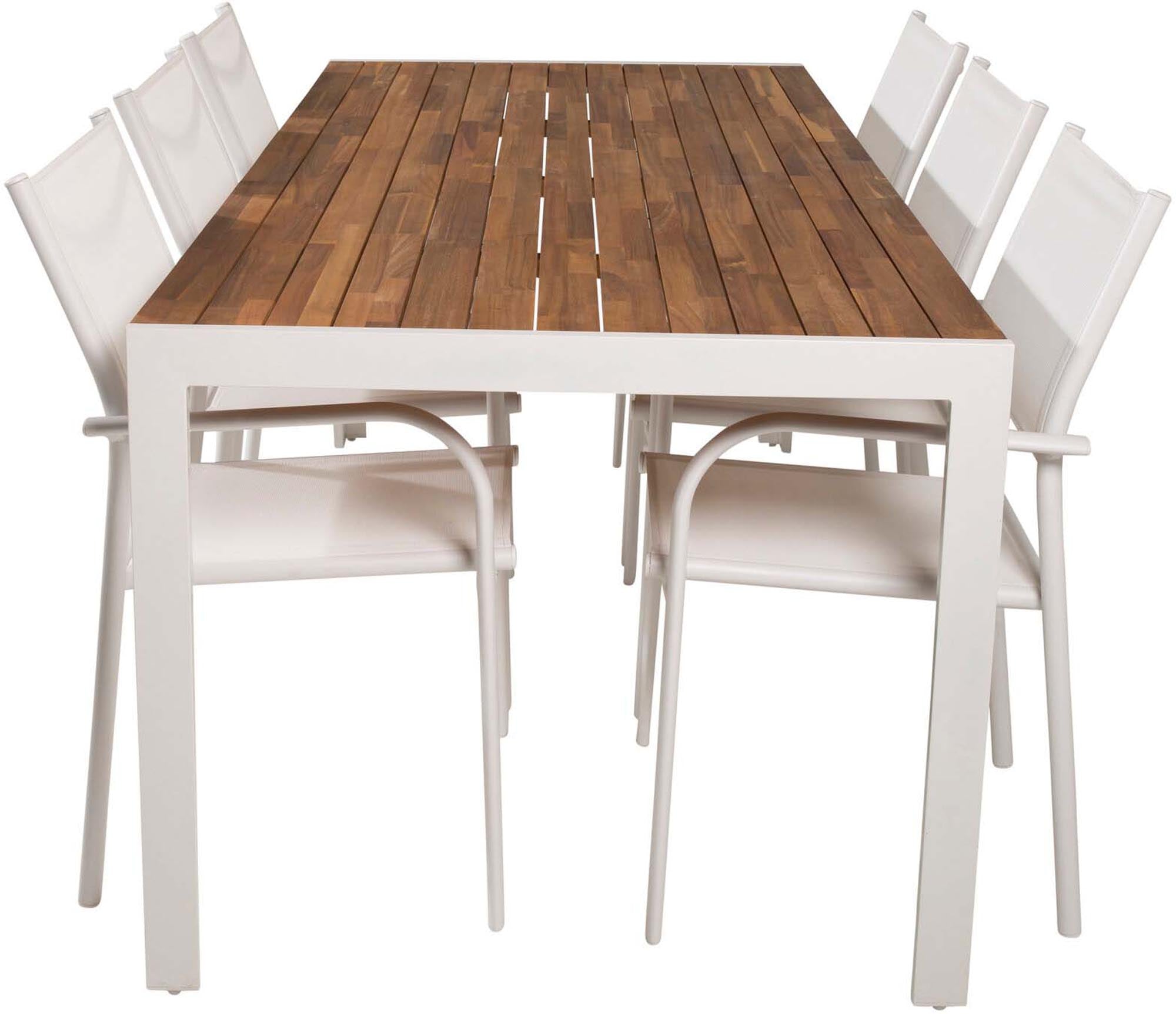 Elegantes Bois Outdoor-Tischset von Venture Home: 200cm Tisch, 6 Santorini Stühle, robust, wetterfest, ideal für gesellige Sommerabende.