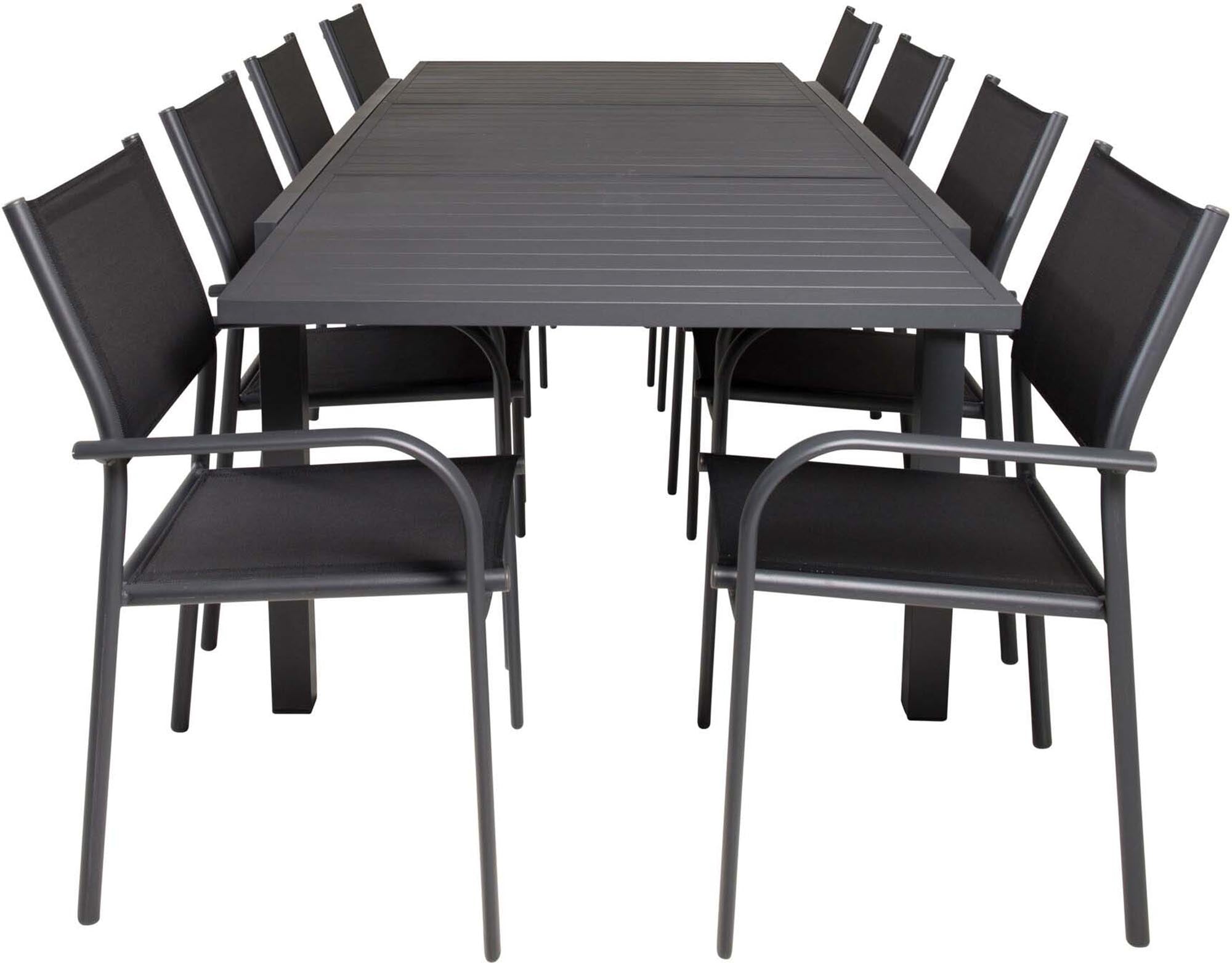 Entdecken Sie das Marbella Outdoor-Tischset von Venture Home: ausziehbar, stilvoll in Schwarz, ideal für Garten und Terrasse. Komfortable Santorini Stühle.