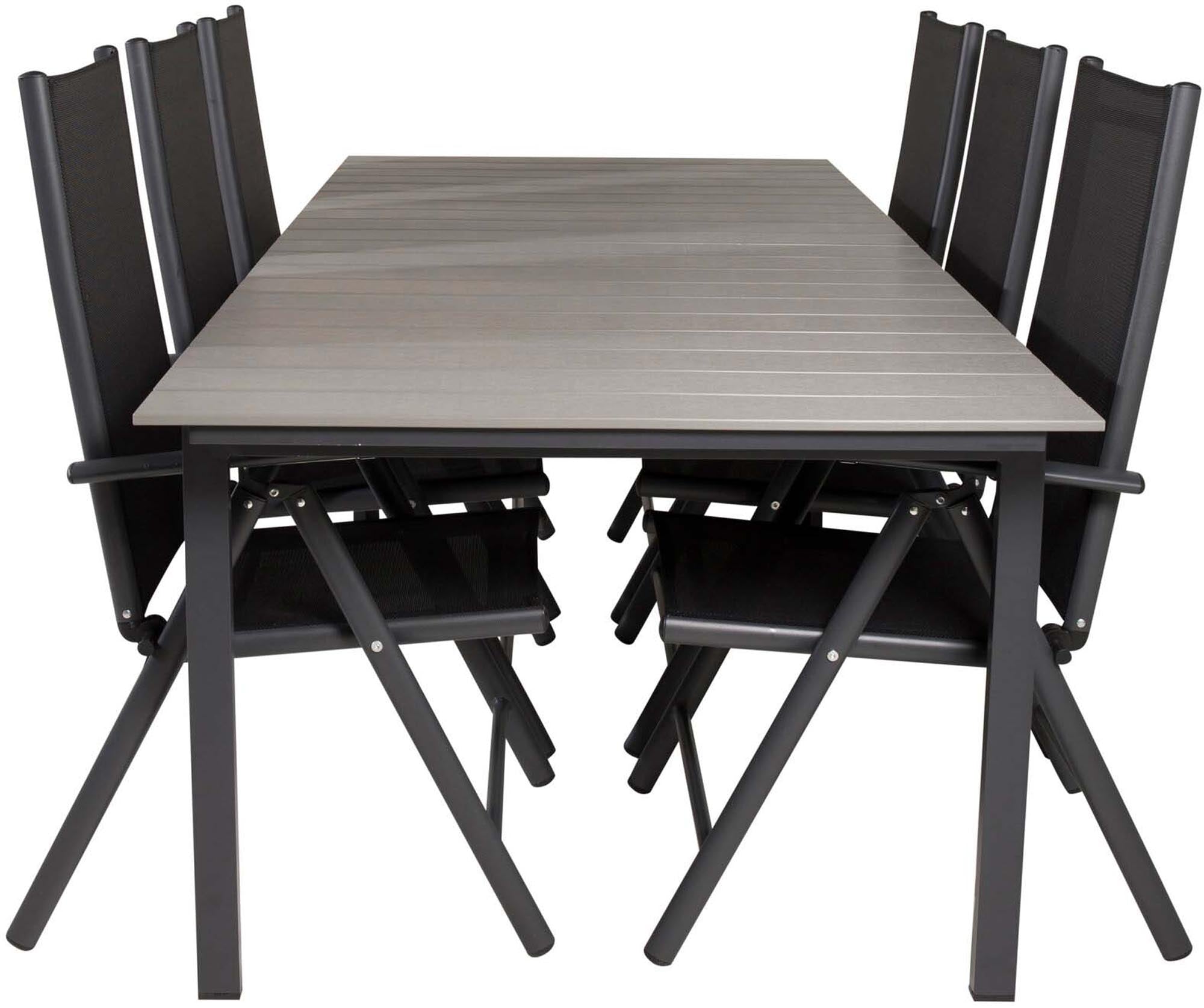 Stilvolles Outdoor-Tischset von Venture Home: 224cm Tisch, 6 komfortable Textilene-Stühle, ideal für gesellige Abende im Freien.