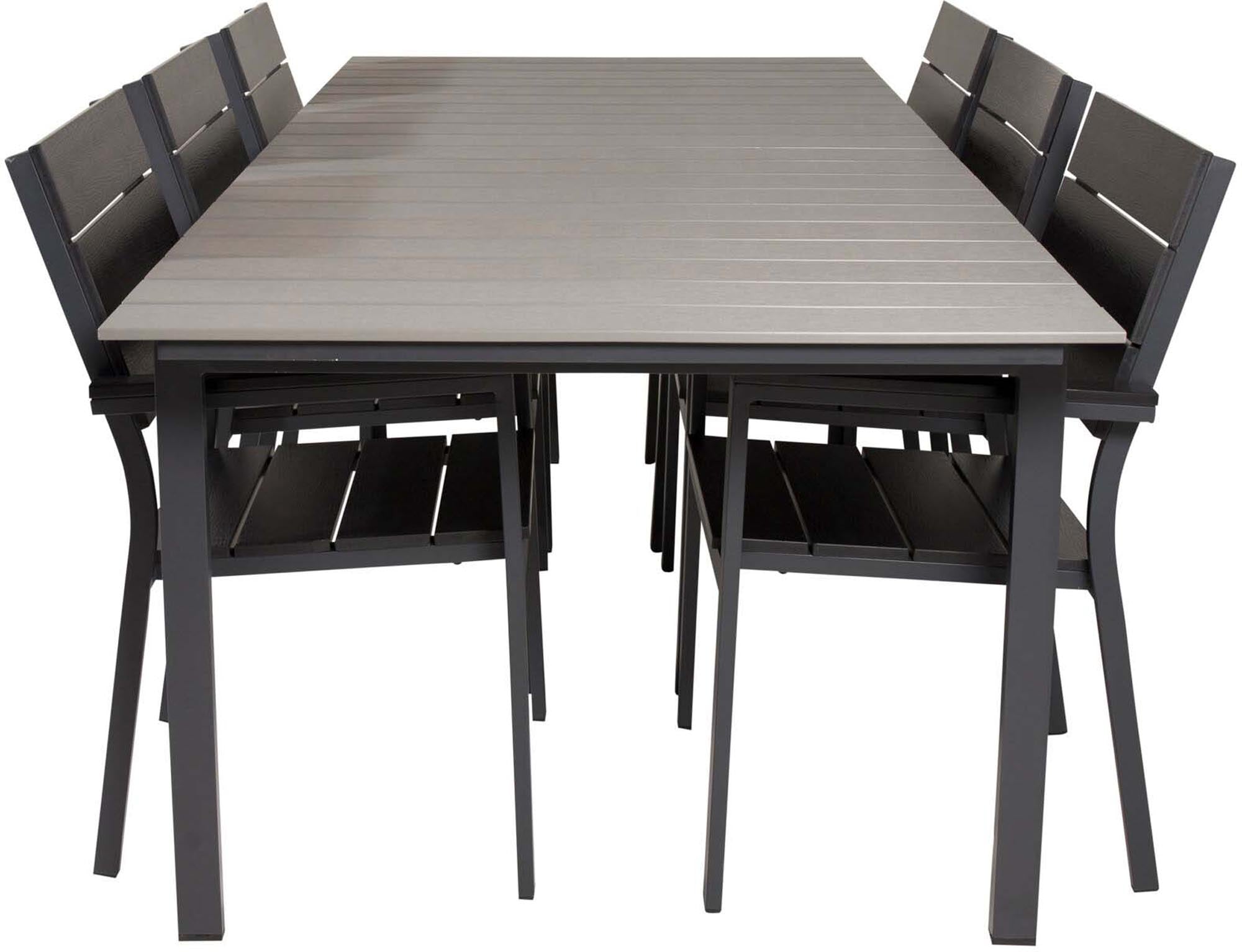 Stilvolles Levels Outdoor-Tischset von Venture Home: 224cm Aintwood-Tisch, 6 ergonomische Stühle, wetterfest, pflegeleicht, ideal für gesellige Abende.