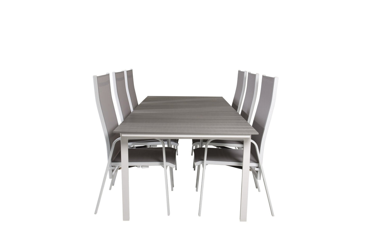 Gartentischset mit ausziehbarem Levels Esstisch aus Aluminium und Aintwood sowie acht stapelbaren Copacabana Stühlen mit grauem Textilene-Bezug.