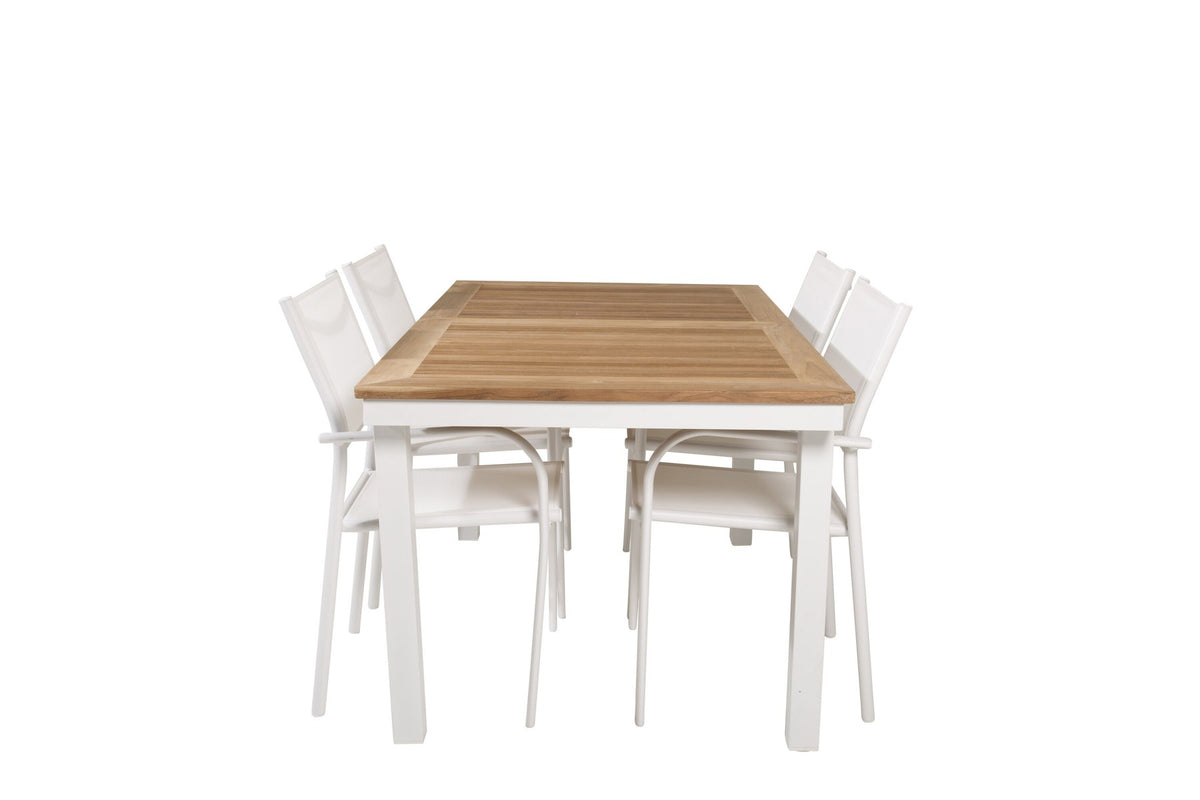 Weisses Gartentischset Santorini & Panama von Venture Home: zwei Stühle aus Aluminium und rechteckiger Tisch mit Teak-Tischplatte.
