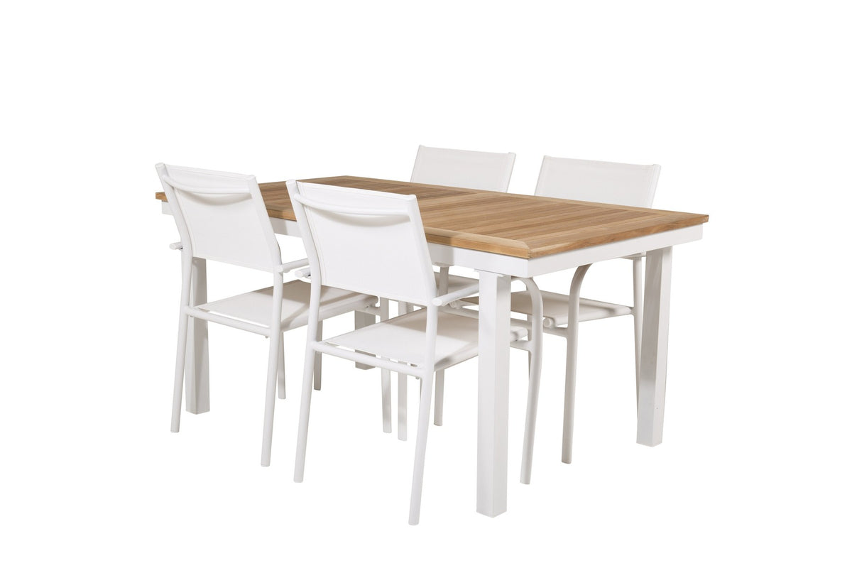 Weisses Gartentischset Santorini & Panama von Venture Home: zwei Stühle aus Aluminium und rechteckiger Tisch mit Teak-Tischplatte.