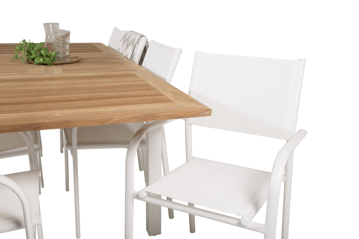 Weisses Gartentischset Santorini & Panama von Venture Home: zwei Stühle aus Aluminium und rechteckiger Tisch mit Teak-Tischplatte.