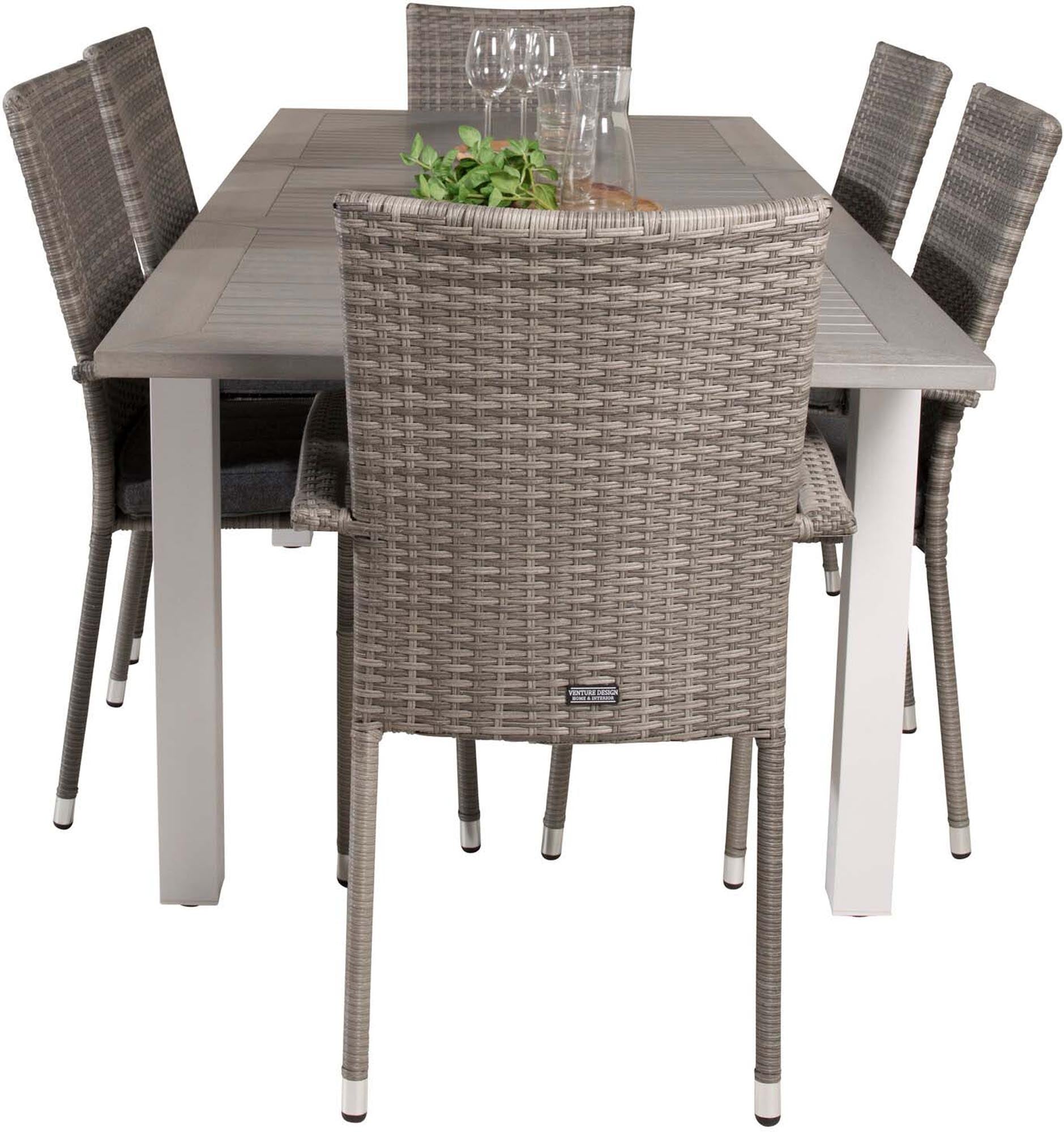 Albany Outdoor-Gartentischset ausziehbar + Anna 152cm/6St. in Grau präsentiert im Onlineshop von KAQTU Design AG. Gartentischset ist von Venture Home