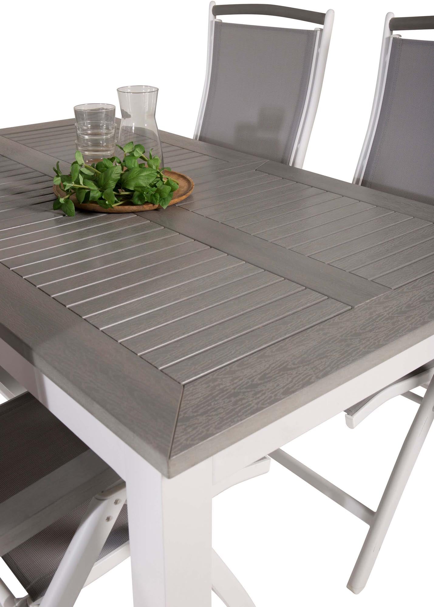 Elegantes Albany Outdoor-Gartentischset: Ausziehbarer Tisch, klappbare Stühle, wetterfestes Textilene, zeitloses Design.