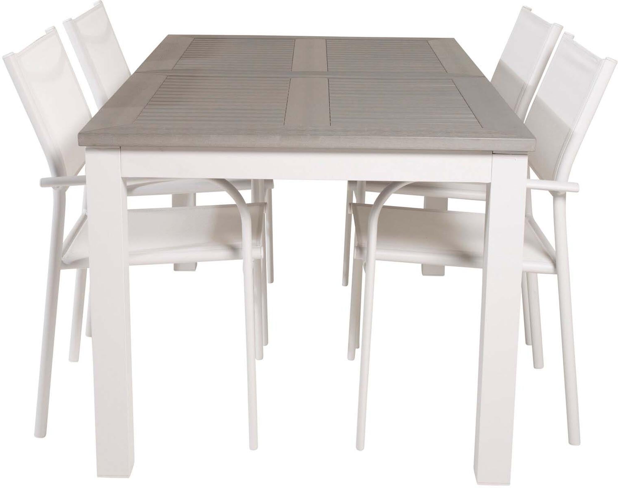 Stilvolles Albany Outdoor-Esstischset: Ausziehbarer Tisch & 4 Santorini Stühle, ideal für gesellige Runden im Garten.