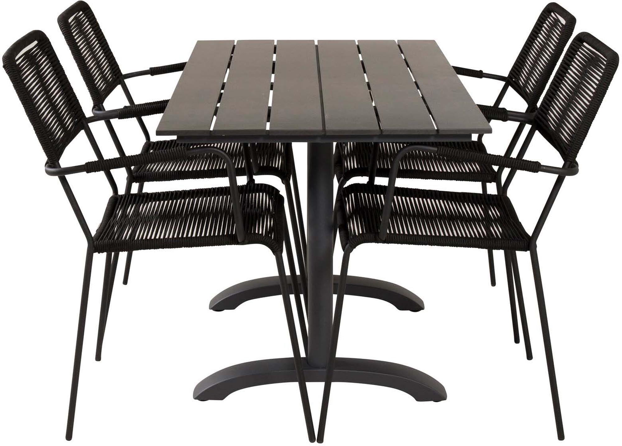 Entdecken Sie das Denver Outdoor-Tischset mit Lindos Armstühlen – stilvoll, komfortabel und perfekt für gesellige Sommerabende im Freien.