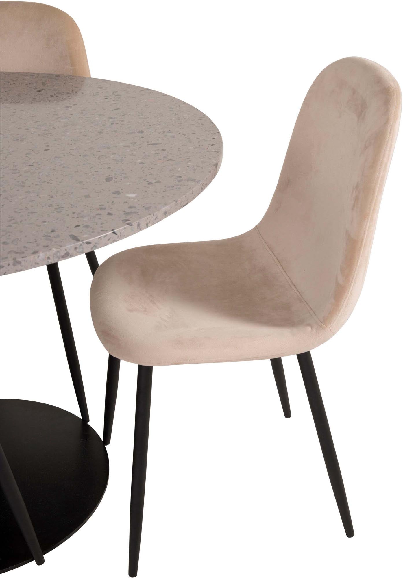 Elegantes Razzia Esszimmerset mit marmorierter Tischplatte und luxuriösen Samtstühlen. Ideal für gesellige Abende und modernes Wohnen.