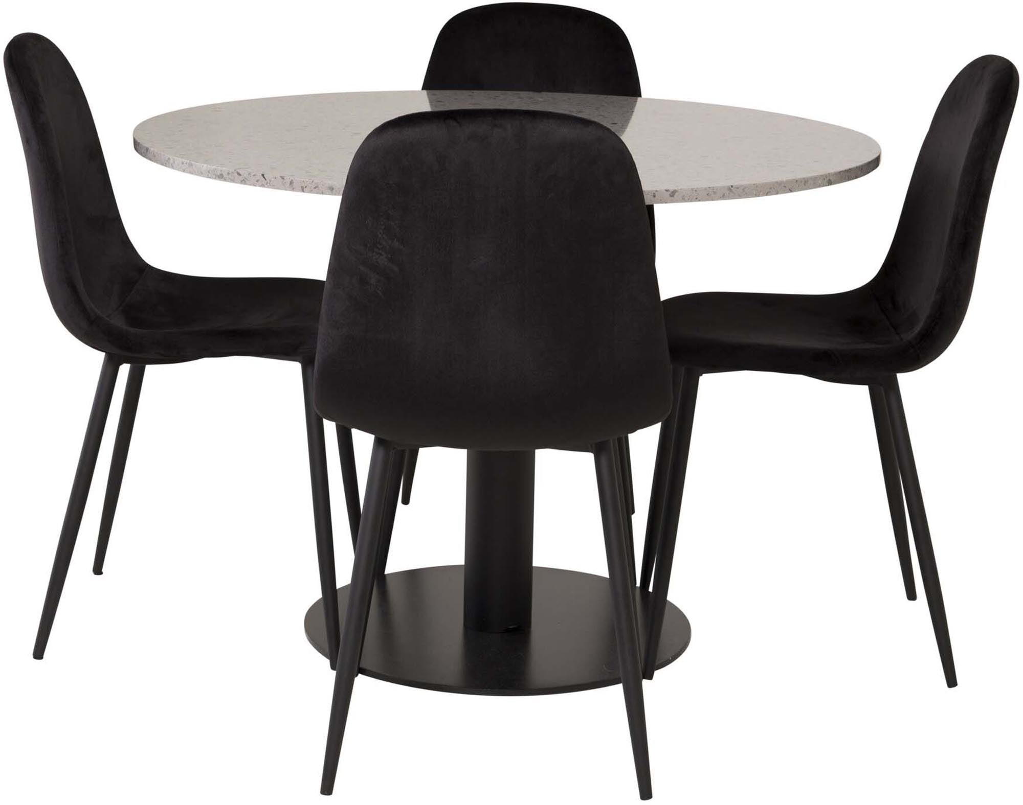 Stilvolles Razzia Esszimmerset mit runder, pflegeleichter Tischplatte und bequemen Samtstühlen. Perfekt für moderne Esszimmer und gesellige Runden.