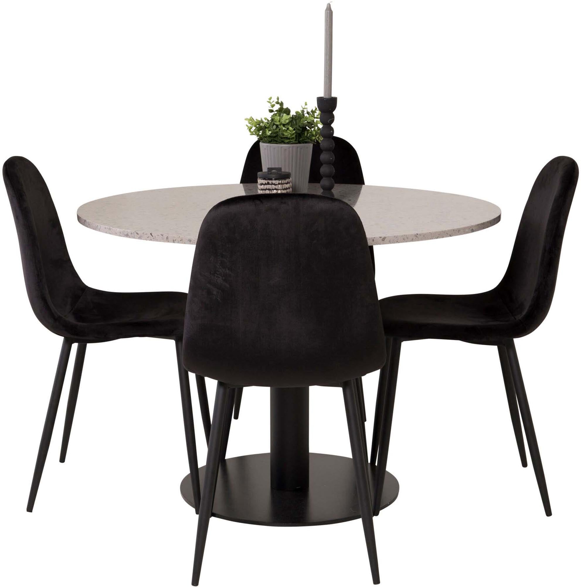 Razzia Esszimmerset + Polar: Elegantes Set mit marmorierter Tischplatte und luxuriösen Samtstühlen für ein stilvolles Esszimmer.