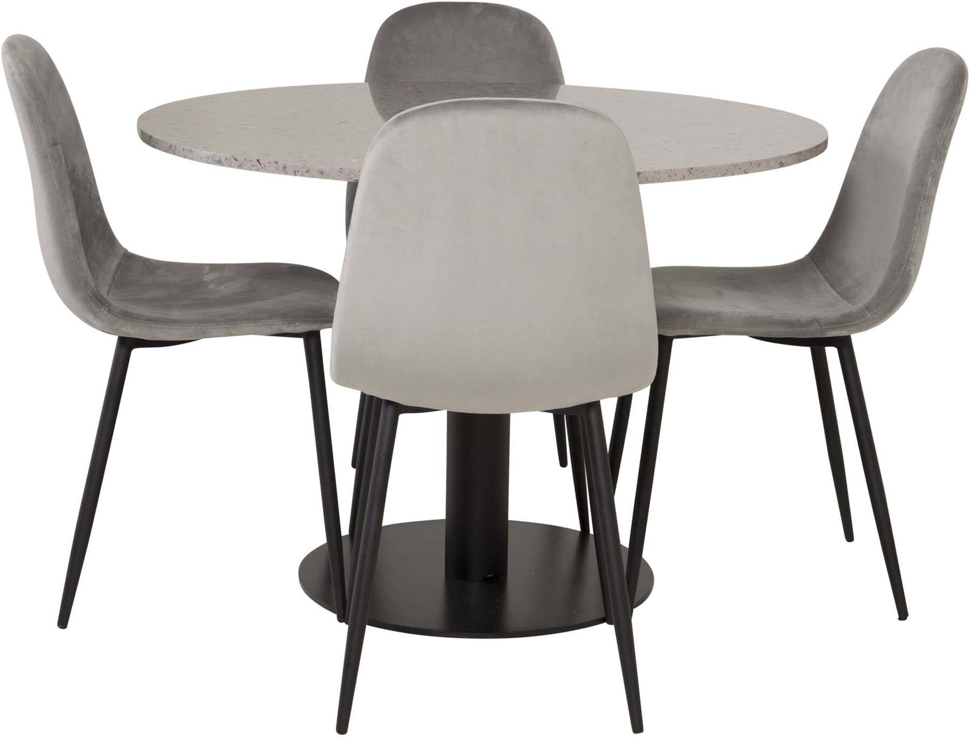 Entdecken Sie das Razzia Esszimmerset + Polar: Ein eleganter runder Tisch mit marmorierter Oberfläche und bequemen Samtstühlen für stilvolle Esszimmer.