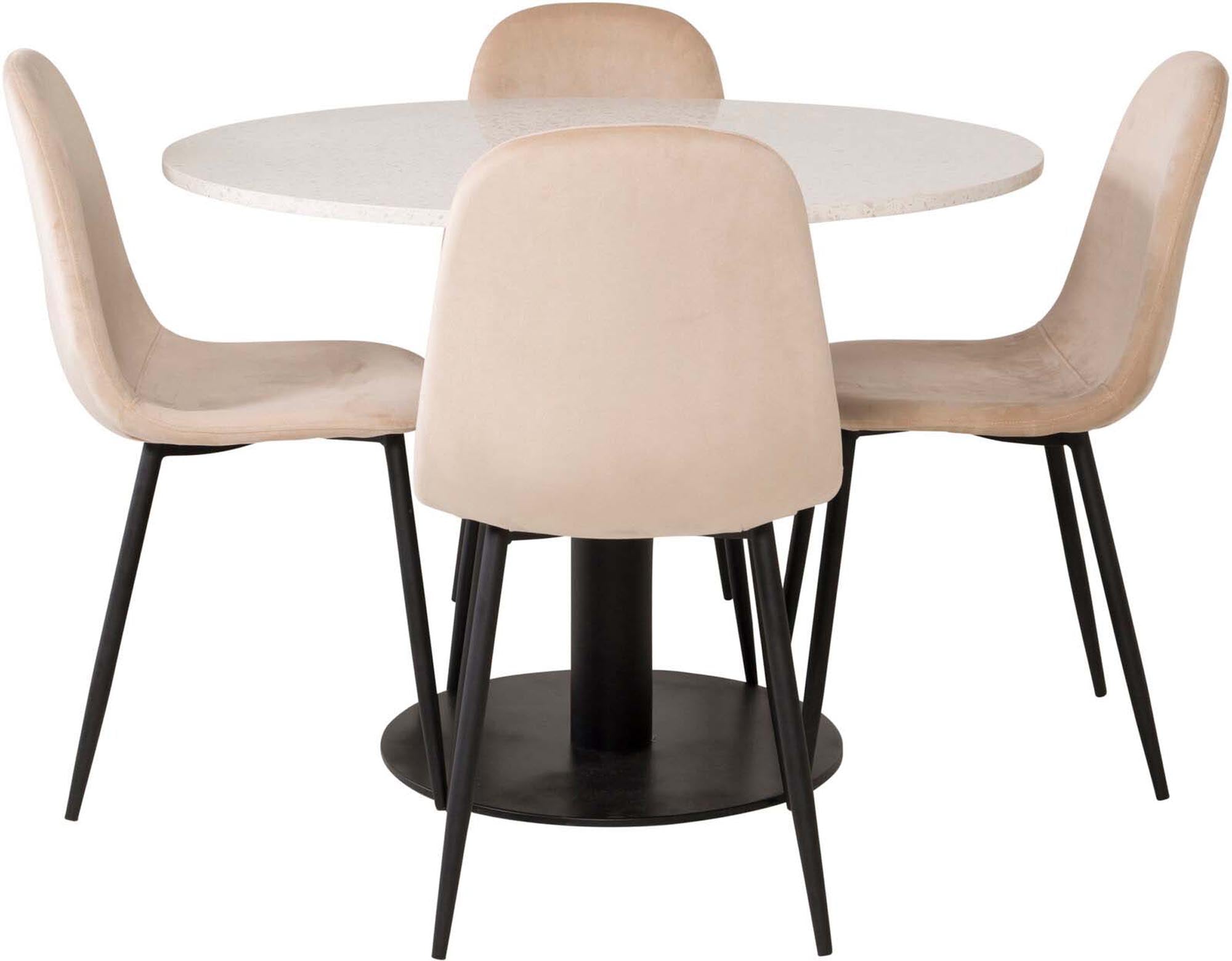 Erleben Sie das Razzia Esszimmerset + Polar: Stilvoller runder Tisch und bequeme Samtstühle für ein modernes Esszimmer-Ambiente.