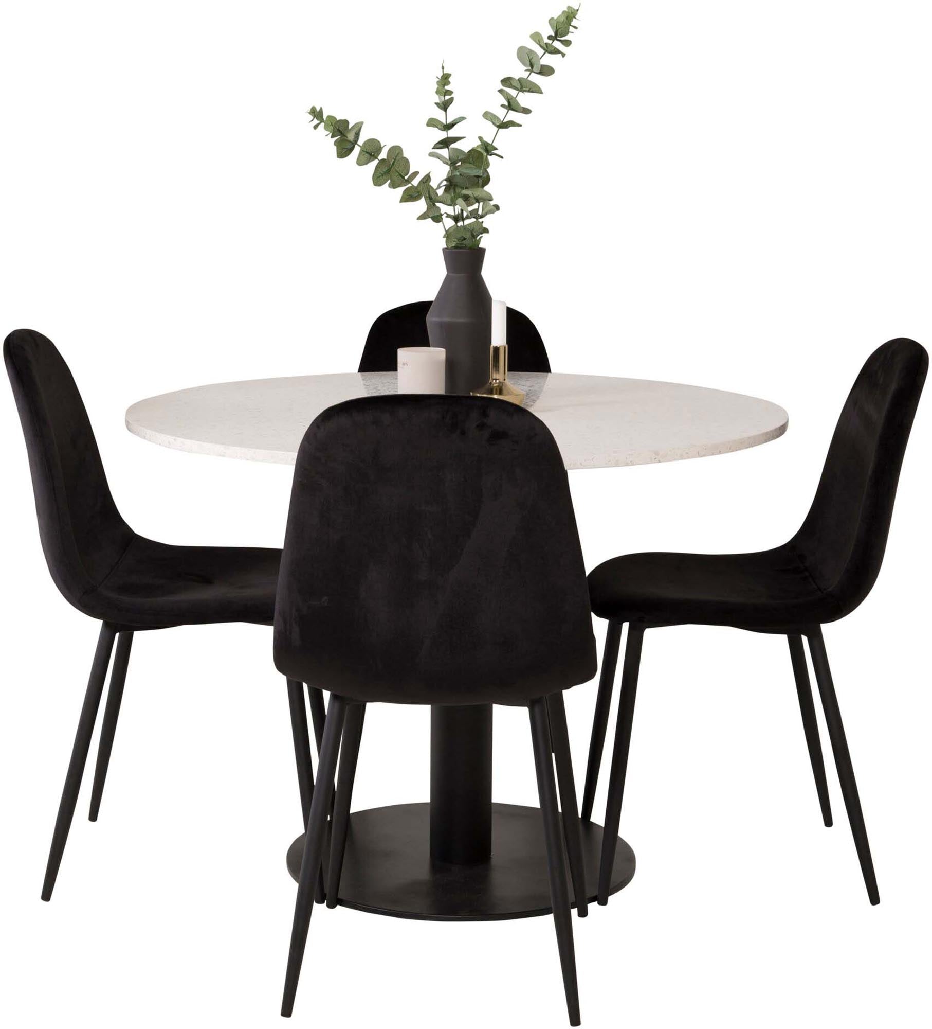 Entdecken Sie das Razzia Esszimmerset + Polar von Venture Home: Eleganz trifft Komfort mit einem runden Tisch und luxuriösen Samtstühlen.