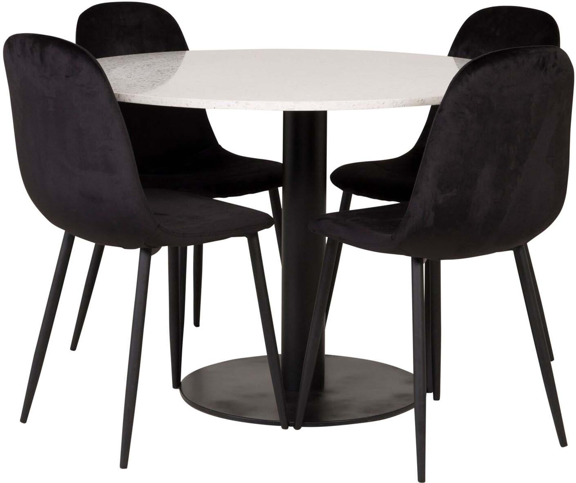 Erleben Sie das Razzia Esszimmerset + Polar von Venture Home: Stilvoller runder Tisch und bequeme Samtstühle für Ihr modernes Esszimmer.