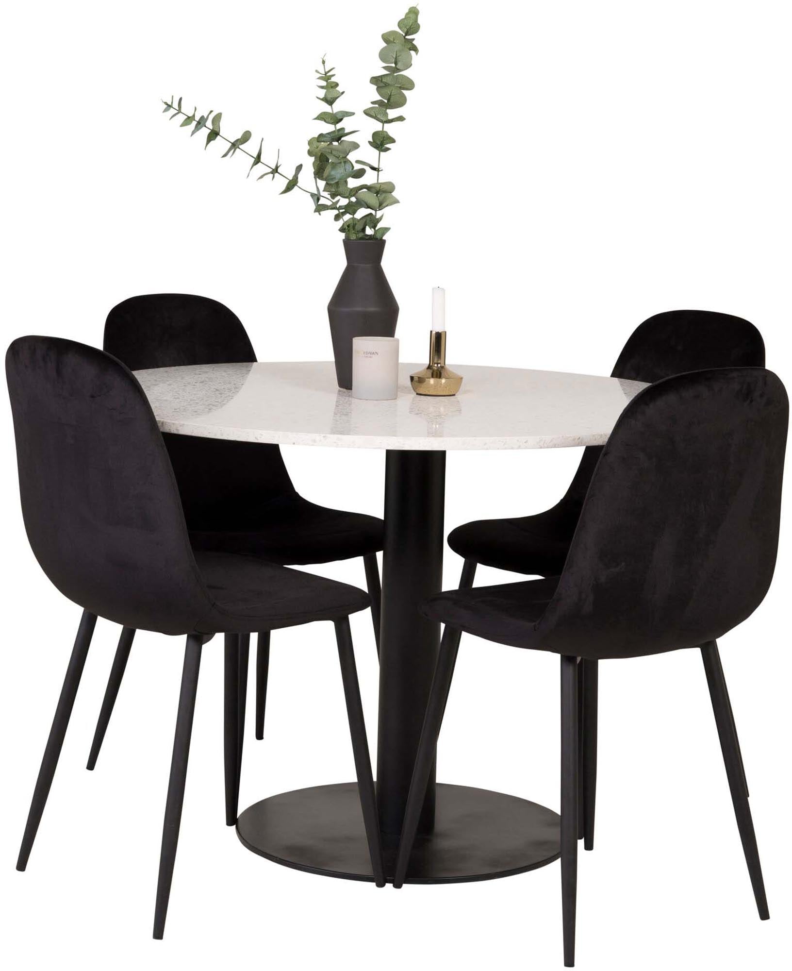 Entdecken Sie das Razzia Esszimmerset + Polar von Venture Home: Eleganter runder Tisch mit marmorierter Oberfläche und luxuriösen Samtstühlen für ein stilvolles Ambiente.