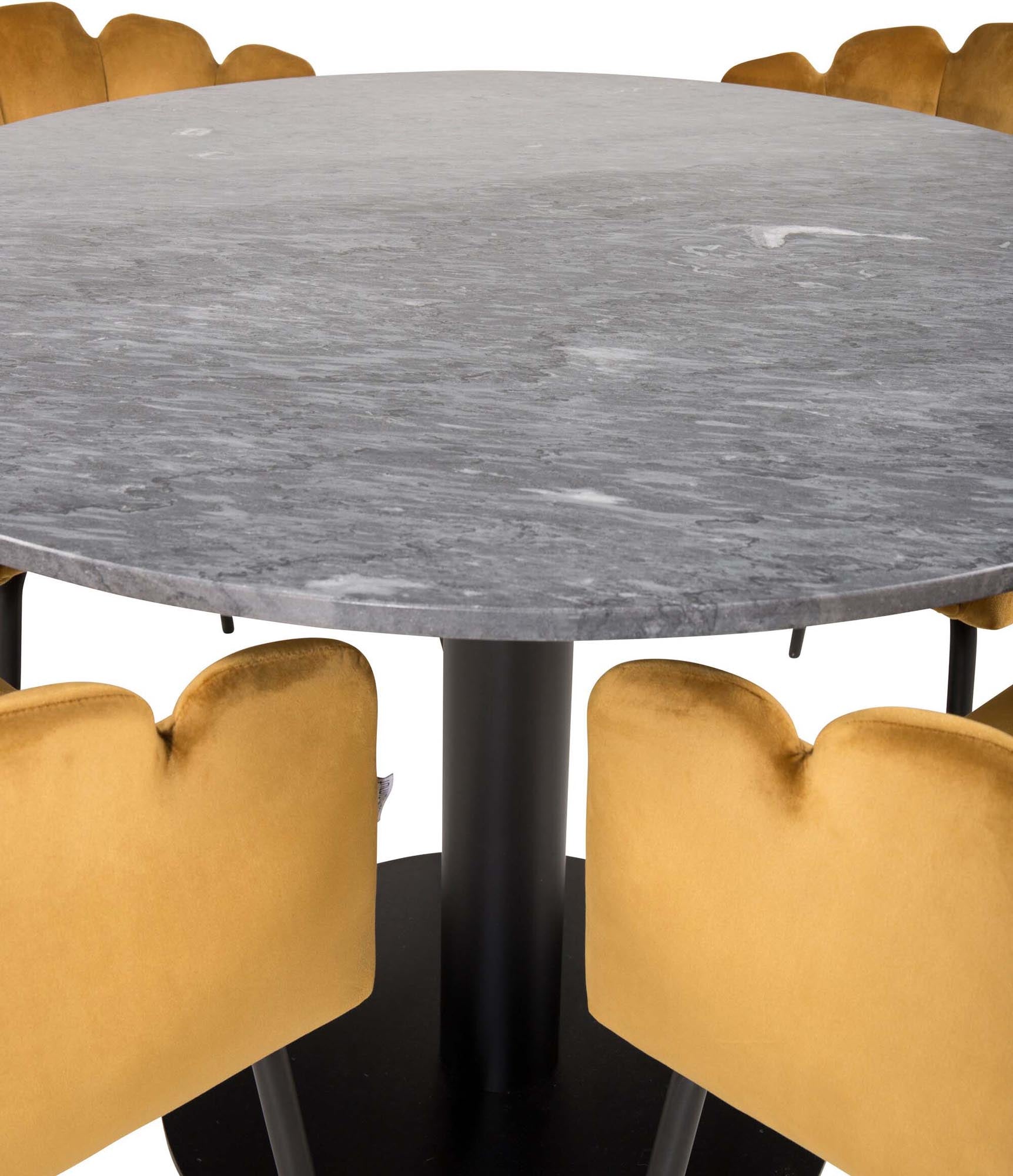 Stilvolles Esszimmerset Estelle + Limhamn: Marmortisch und luxuriöse Samtstühle für gesellige Runden und festliche Anlässe.