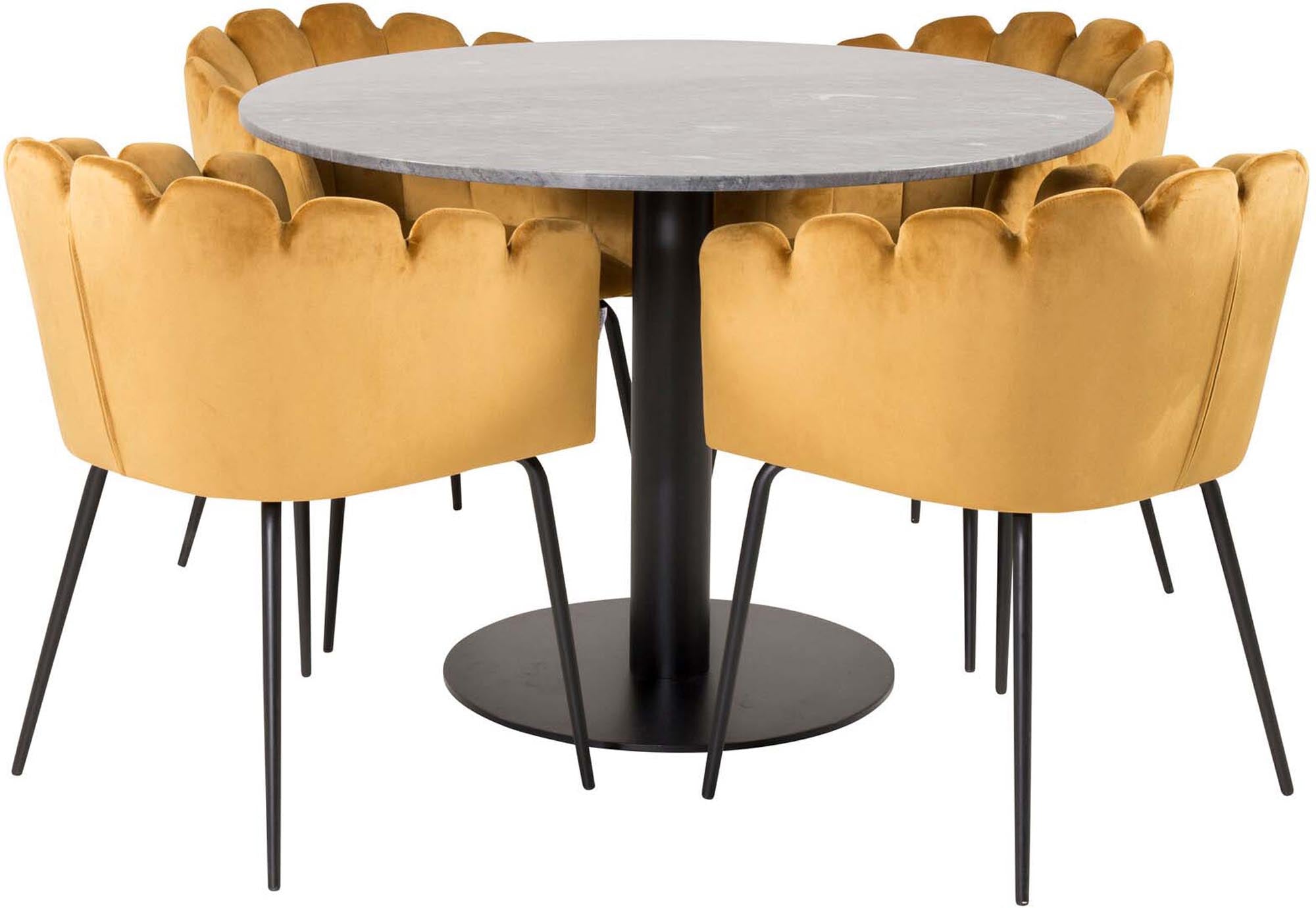 Stilvolles Esszimmerset Estelle + Limhamn: Marmortisch und luxuriöse Samtstühle für gesellige Runden und festliche Anlässe.