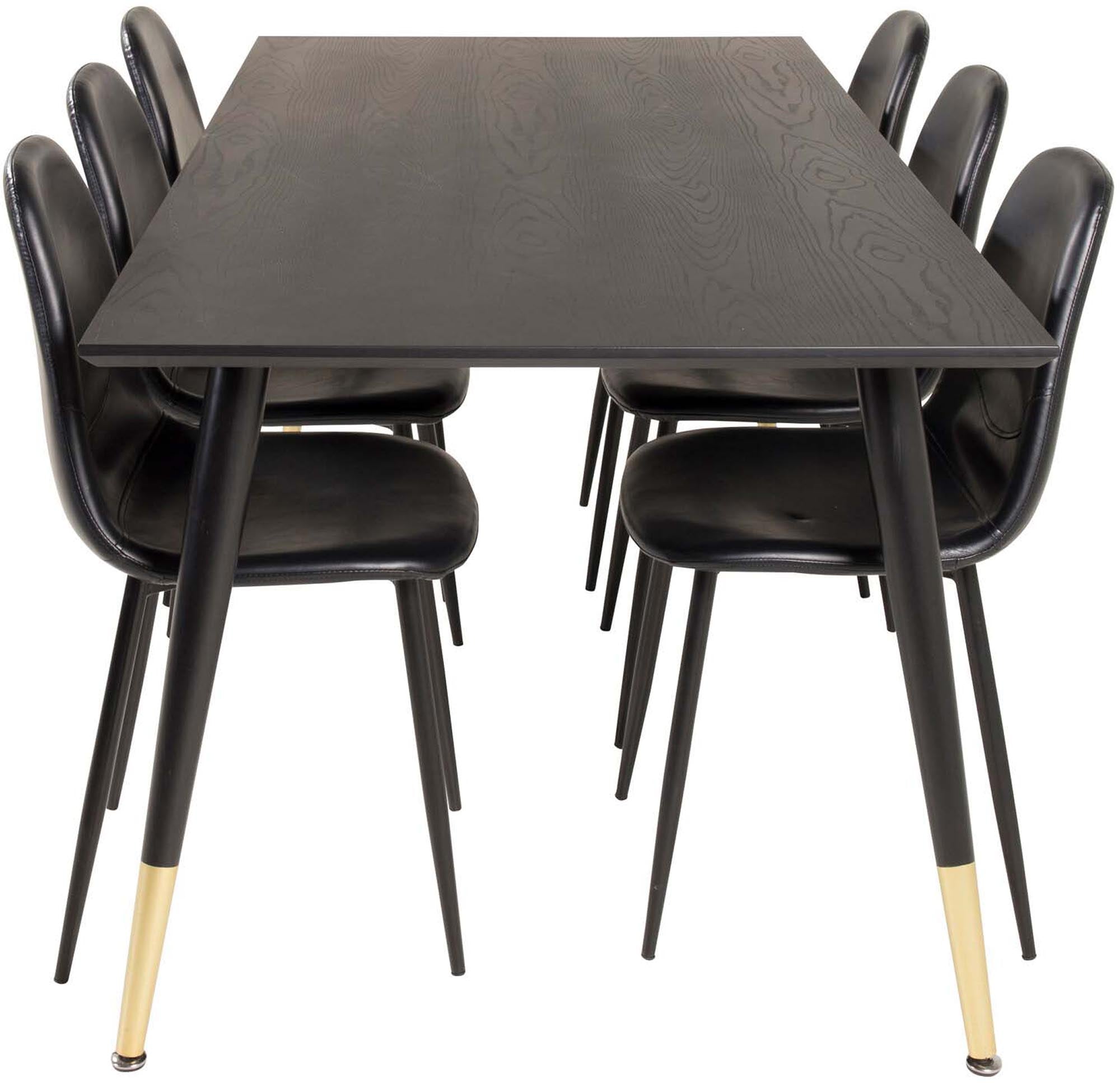 Entdecken Sie das stilvolle Dipp Esszimmerset von Venture Home: 180 cm Tisch und 6 elegante Samtstühle für einladende Dinner und Komfort.