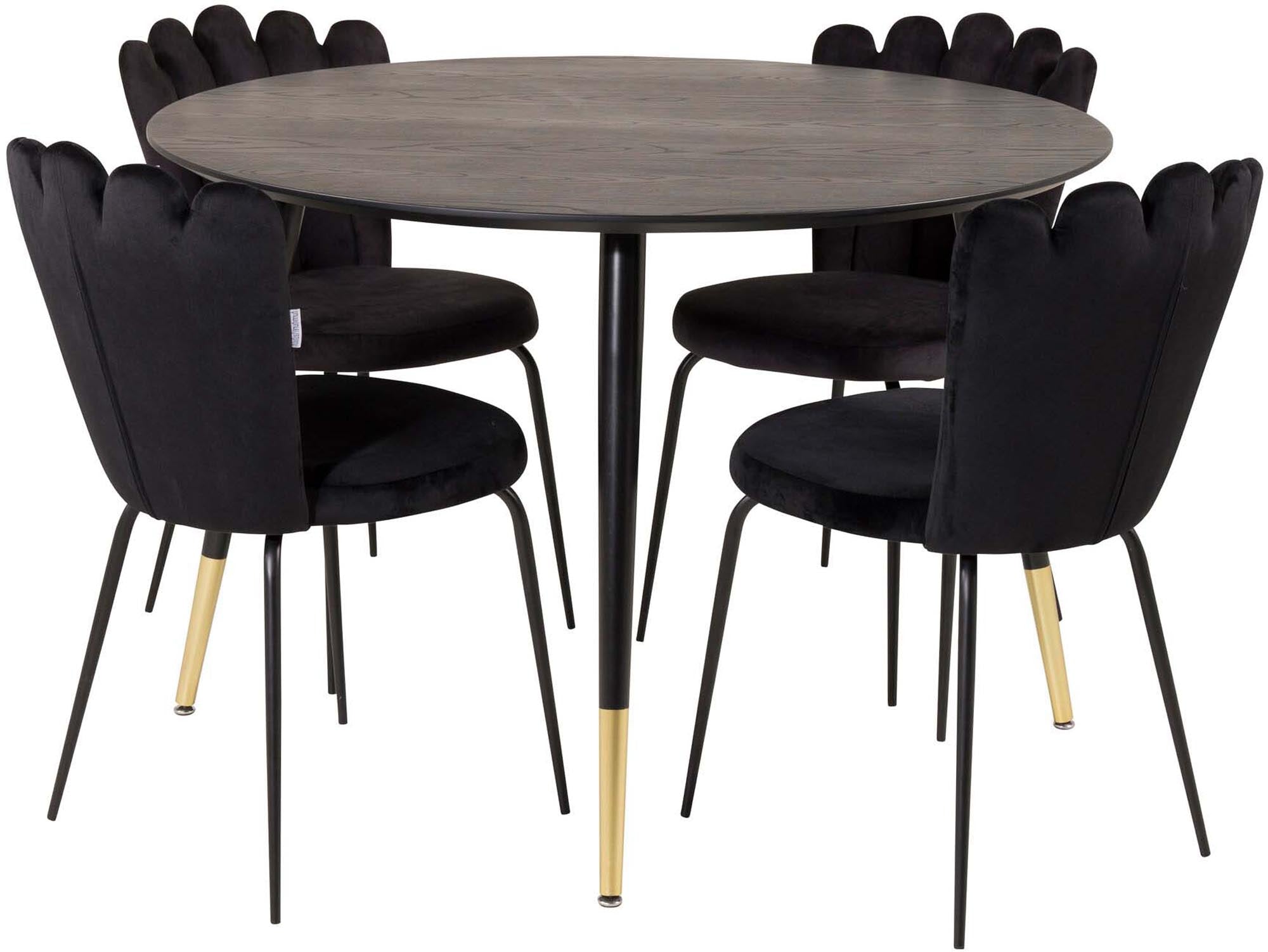 Entdecken Sie das Dipp Esszimmerset + Limhamn von Venture Home: eleganter runder Tisch ⌀115cm und komfortable Samtstühle für stilvolle Mahlzeiten.