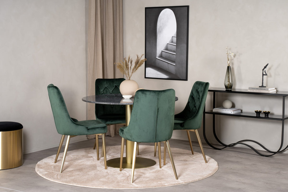 Rundes Esszimmerset Estelle mit schwarzer Marmortischplatte und gebürstetem Messinggestell, dazu vier Velvet Deluxe Stühle in moosgrünem Samt.