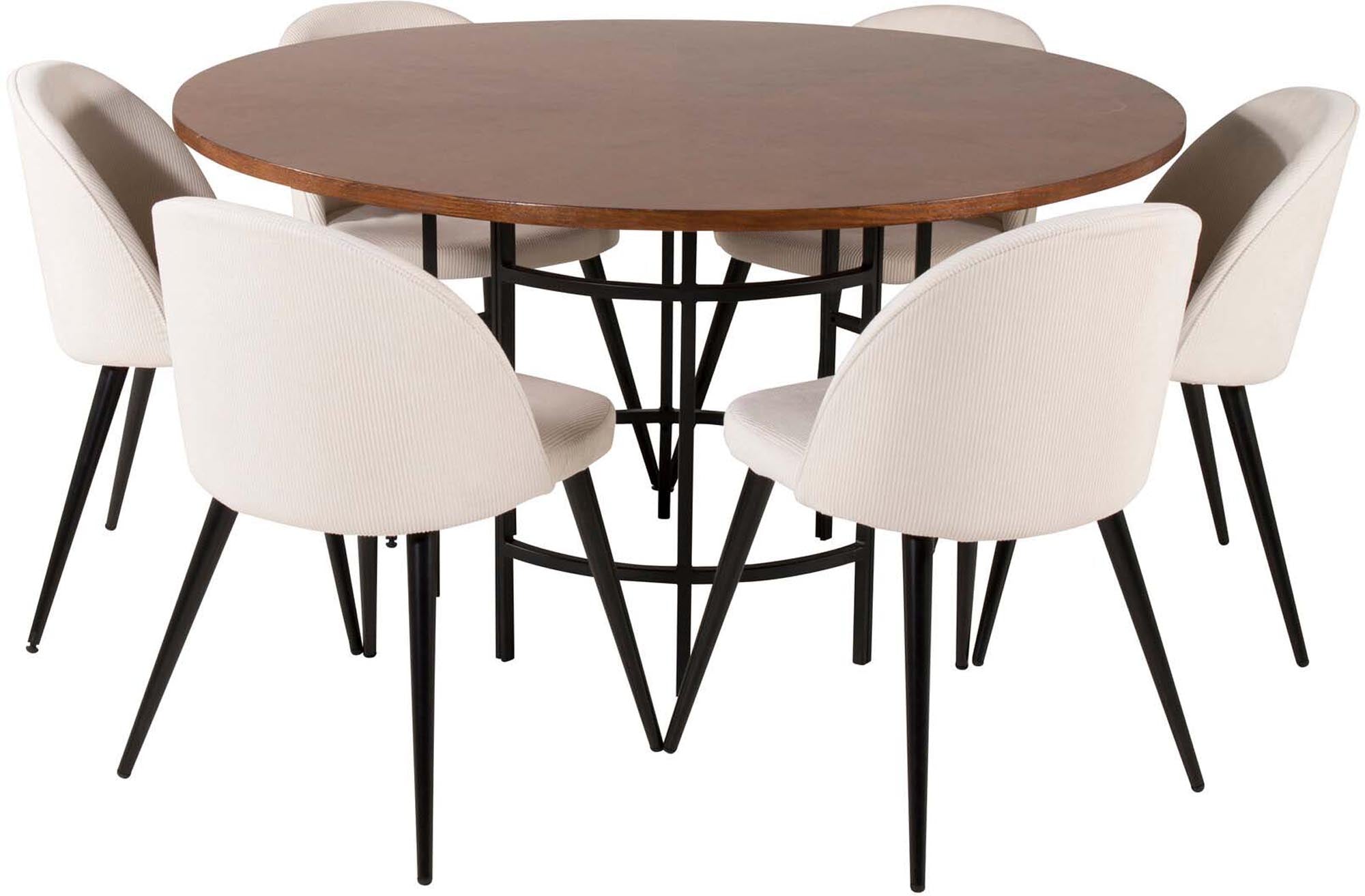 Stilvolles Esszimmerset Copenhagen + Velvet für gesellige Anlässe. Runder Tisch und luxuriöse Stühle schaffen eine einladende Atmosphäre.