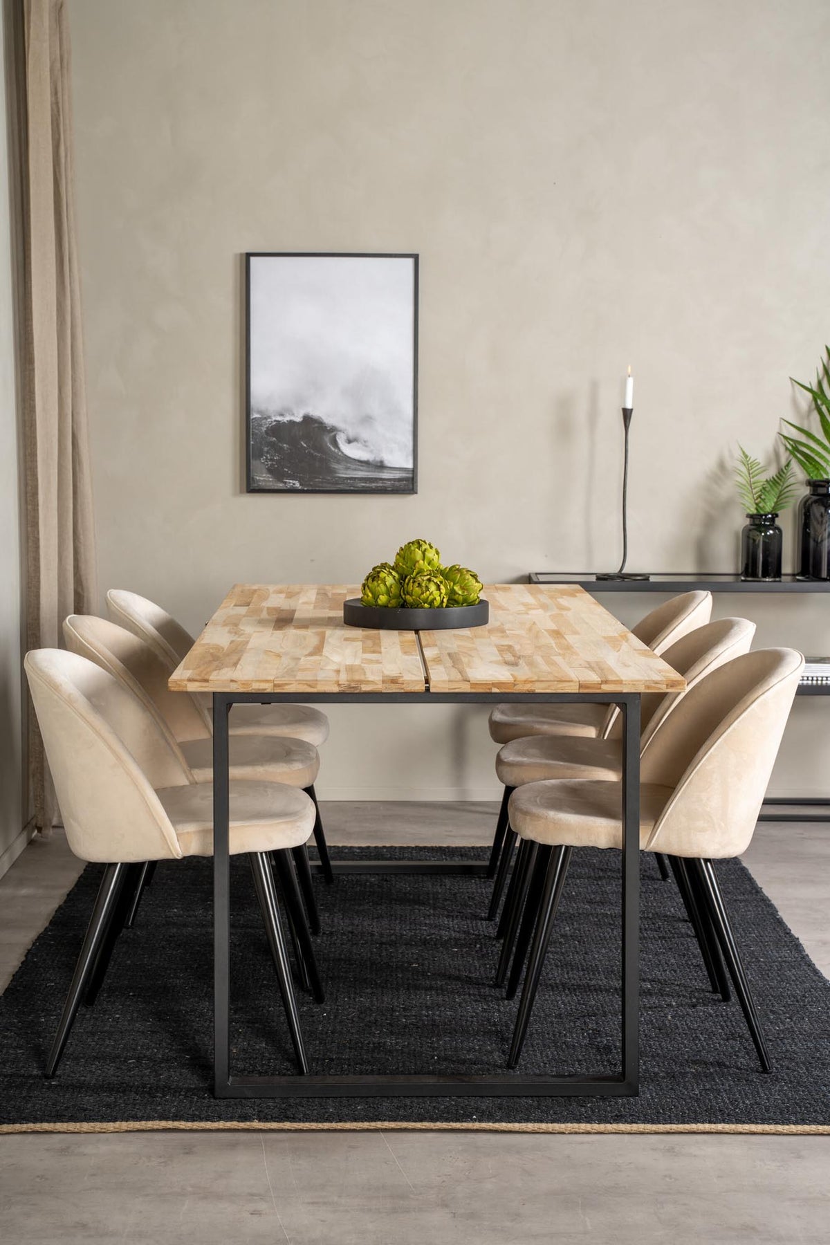Cirebon Esszimmerset + Velvet 200cm/6St. in Beige, Schwarz präsentiert im Onlineshop von KAQTU Design AG. Esszimmerset ist von Venture Home