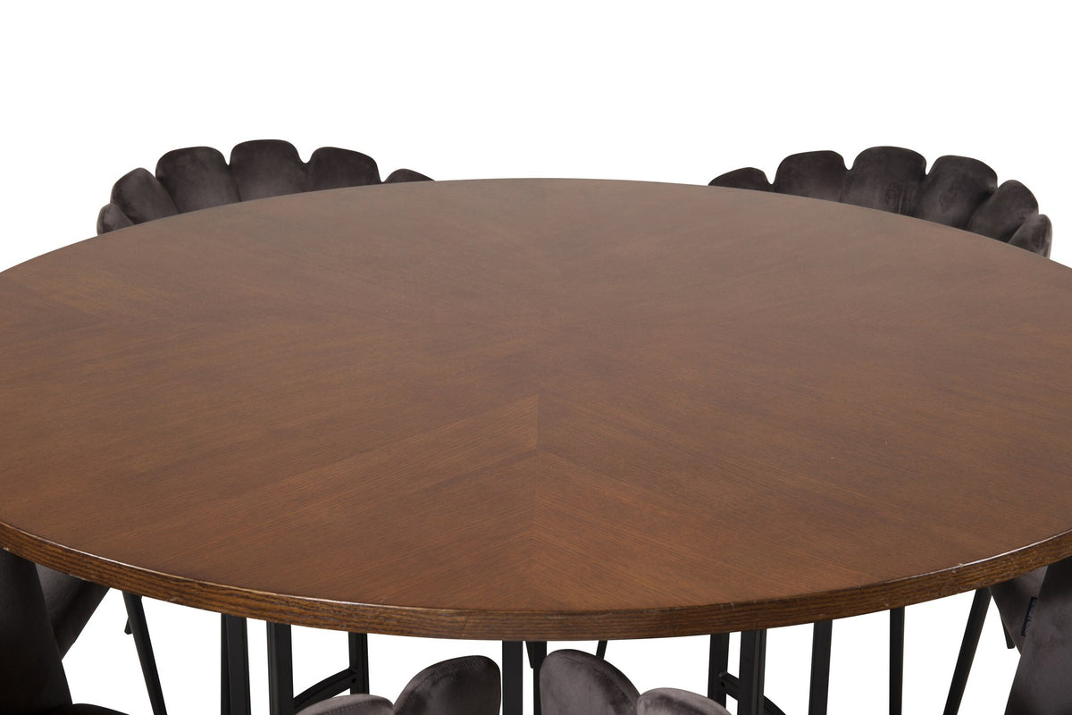 Rundes Esszimmerset Copenhagen von Venture Home mit Tisch aus MDF, Stahl und Furnier sowie Stühlen mit schwarzer Pulverbeschichtung.