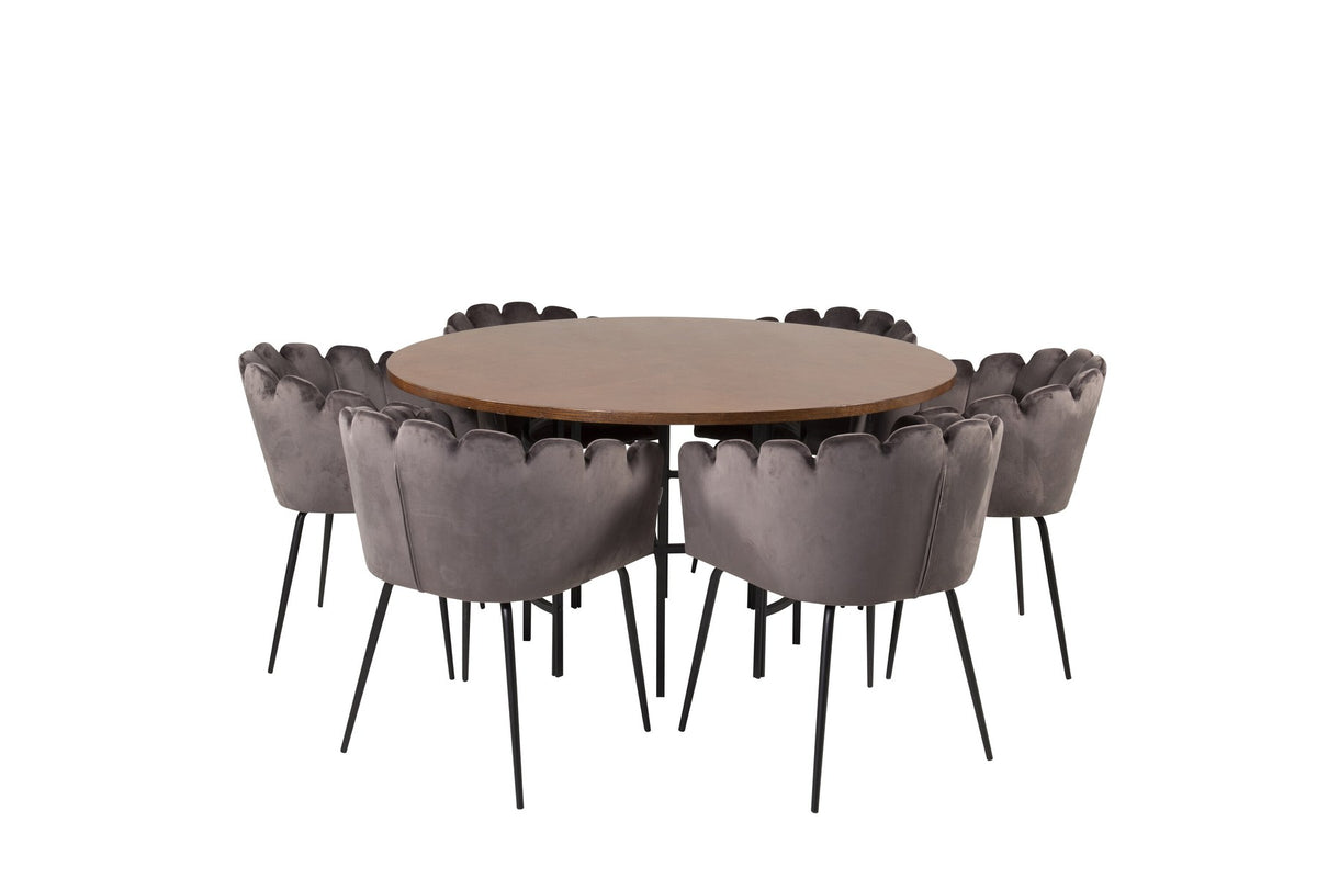 Rundes Esszimmerset Copenhagen von Venture Home mit Tisch aus MDF, Stahl und Furnier sowie Stühlen mit schwarzer Pulverbeschichtung.