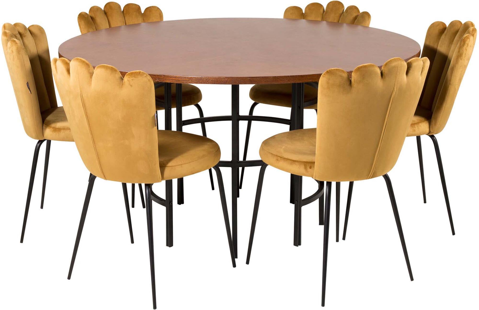 Stilvolles Esszimmerset mit runden Tisch und luxuriösen Samtstühlen. Ideal für gesellige Abende, bietet Platz für bis zu 6 Personen.