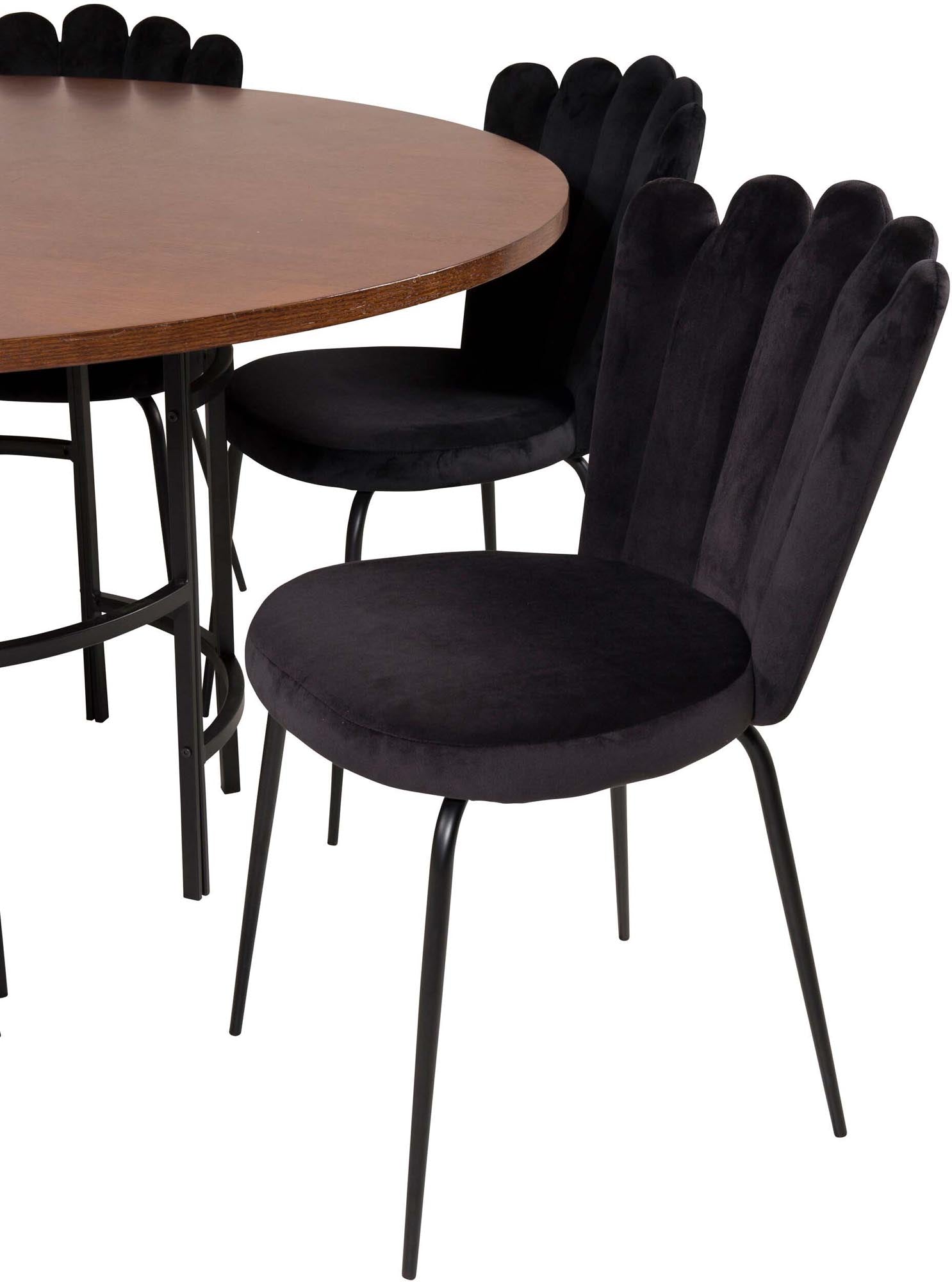 Elegantes Esszimmerset mit runden Tisch und Samtstühlen, perfekt für Dinnerpartys. Bietet Platz für 6 Personen und vereint Stil mit Komfort.