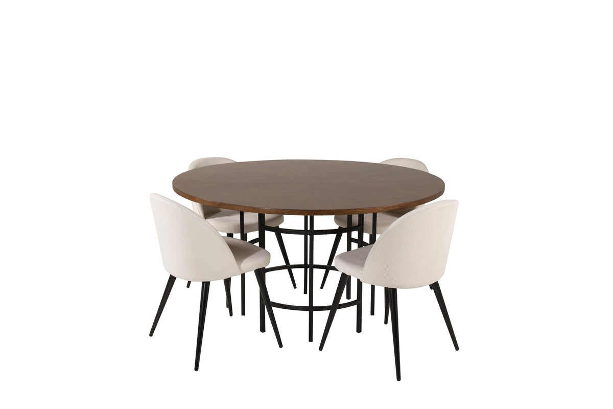 Esstisch Copenhagen mit brauner MDF-Furnier-Platte, Stahlbeinen und cremefarbenen Velvet-Stühlen mit schwarzem, pulverbeschichtetem Gestell.