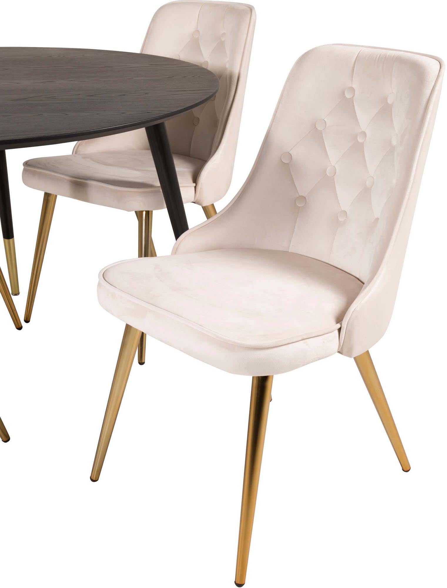 Elegantes Dipp Esszimmerset mit runden Tisch und luxuriösen Velvet-Stühlen. Perfekt für gesellige Runden und stilvolle Anlässe.