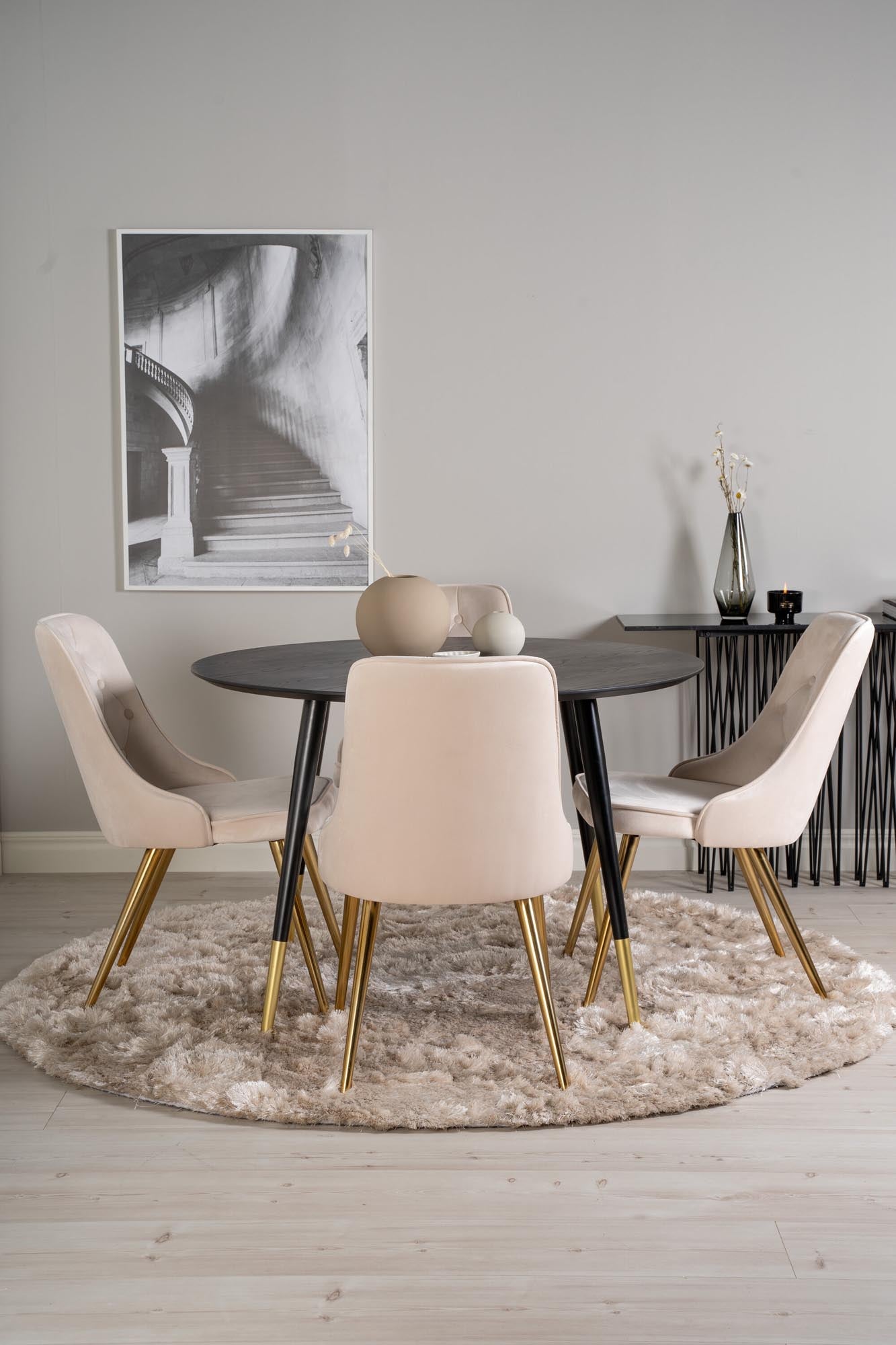 Elegantes Dipp Esszimmerset mit runden Tisch und luxuriösen Velvet-Stühlen. Ideal für gesellige Abende und stilvolle Anlässe!