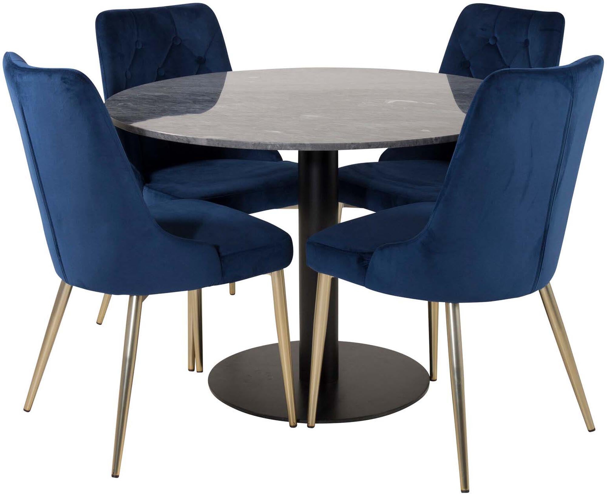 Stilvolles Esszimmerset mit runder Marmortischplatte und luxuriösen Samtstühlen. Perfekt für gemütliche Dinner und besondere Anlässe.