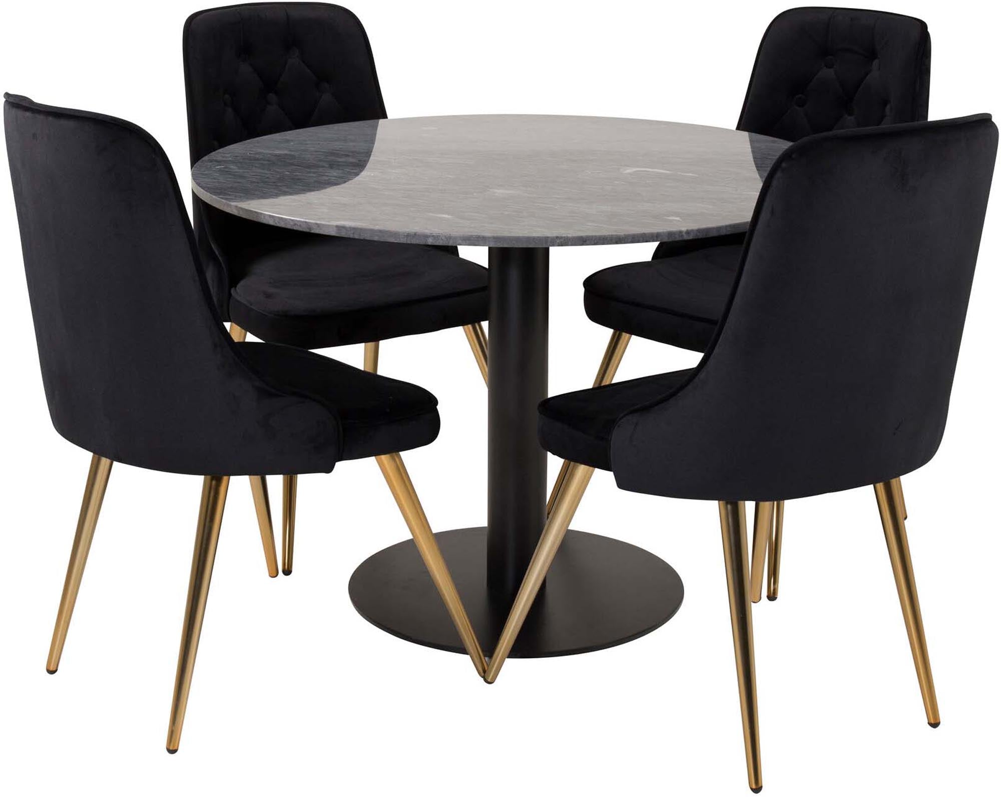 Entdecken Sie das Estelle Esszimmerset + Velvet Deluxe von Venture Home: eleganter Marmortisch, luxuriöse Samtstühle, ergonomischer Sitzkomfort.