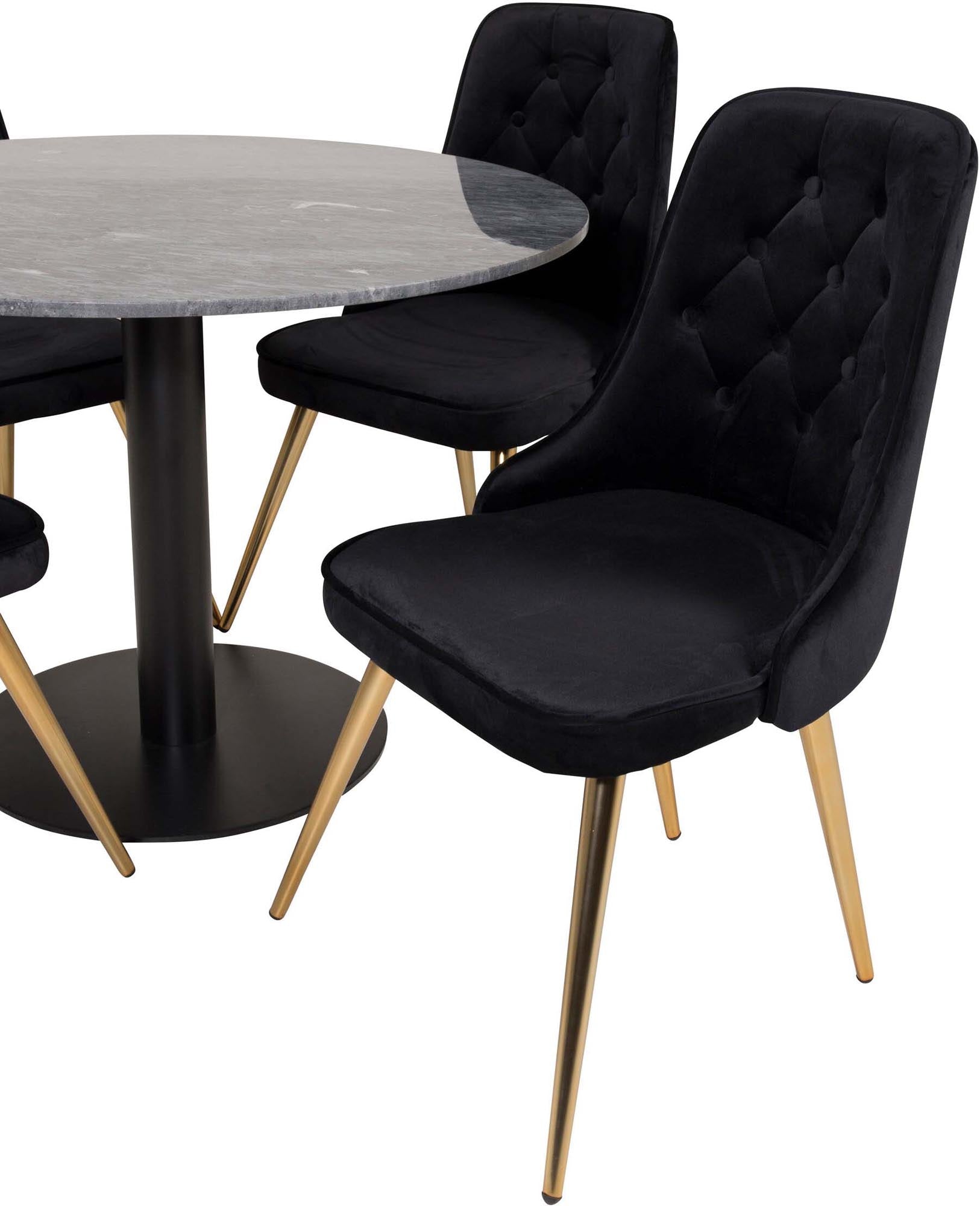 Elegantes Esszimmerset mit Marmortisch und stilvollen Samtstühlen. Ideal für gesellige Abende und festliche Anlässe.